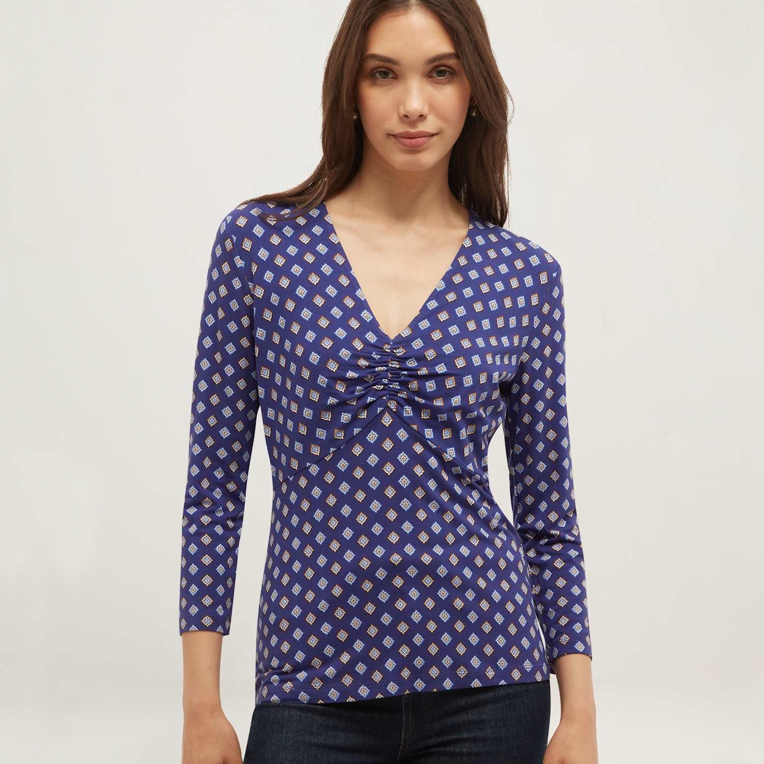 Hobbs Women's Printed Ruched V-Neck Top - Small - Blue Mix - Available at M&S