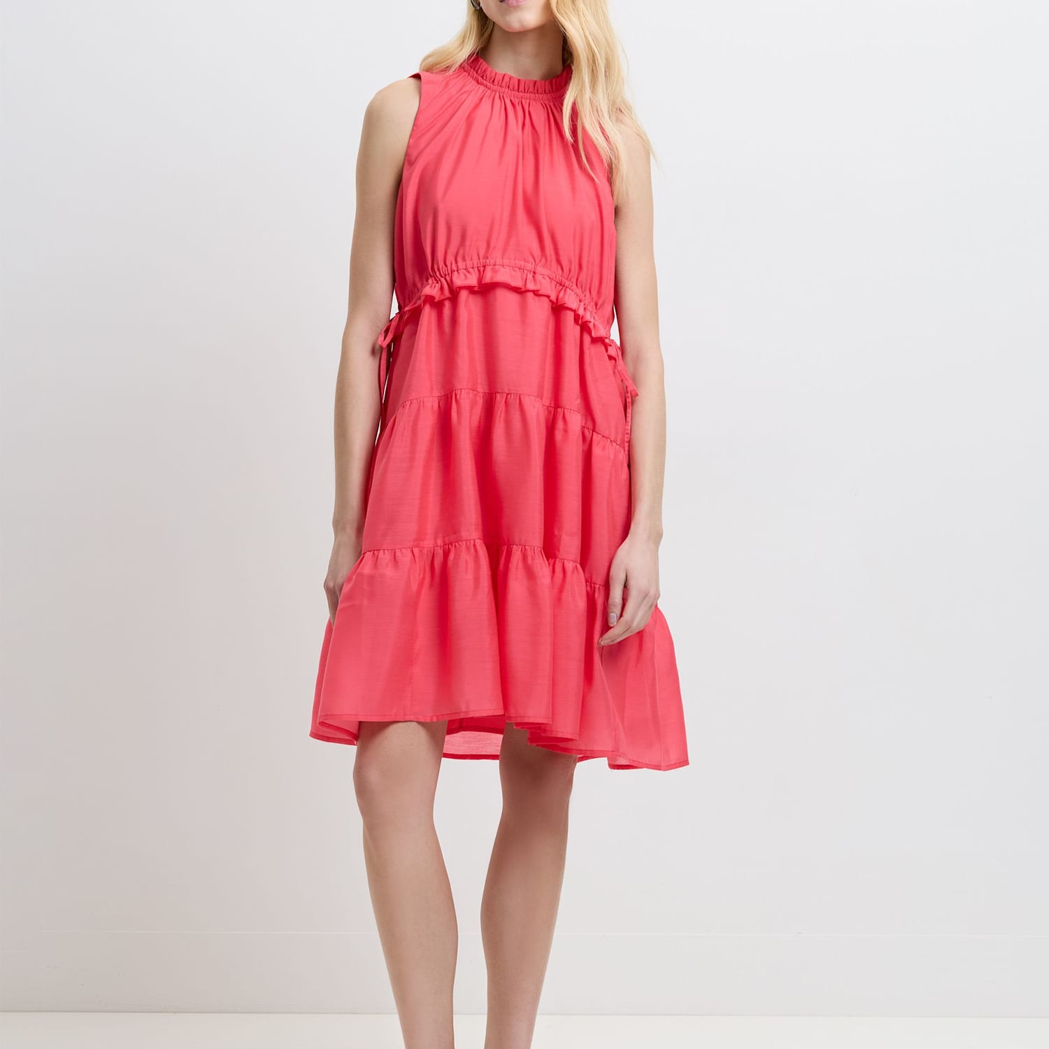 French Connection Women's High Neck Ruffle Midi Tiered Dress - Small - Pink - Available at M&S