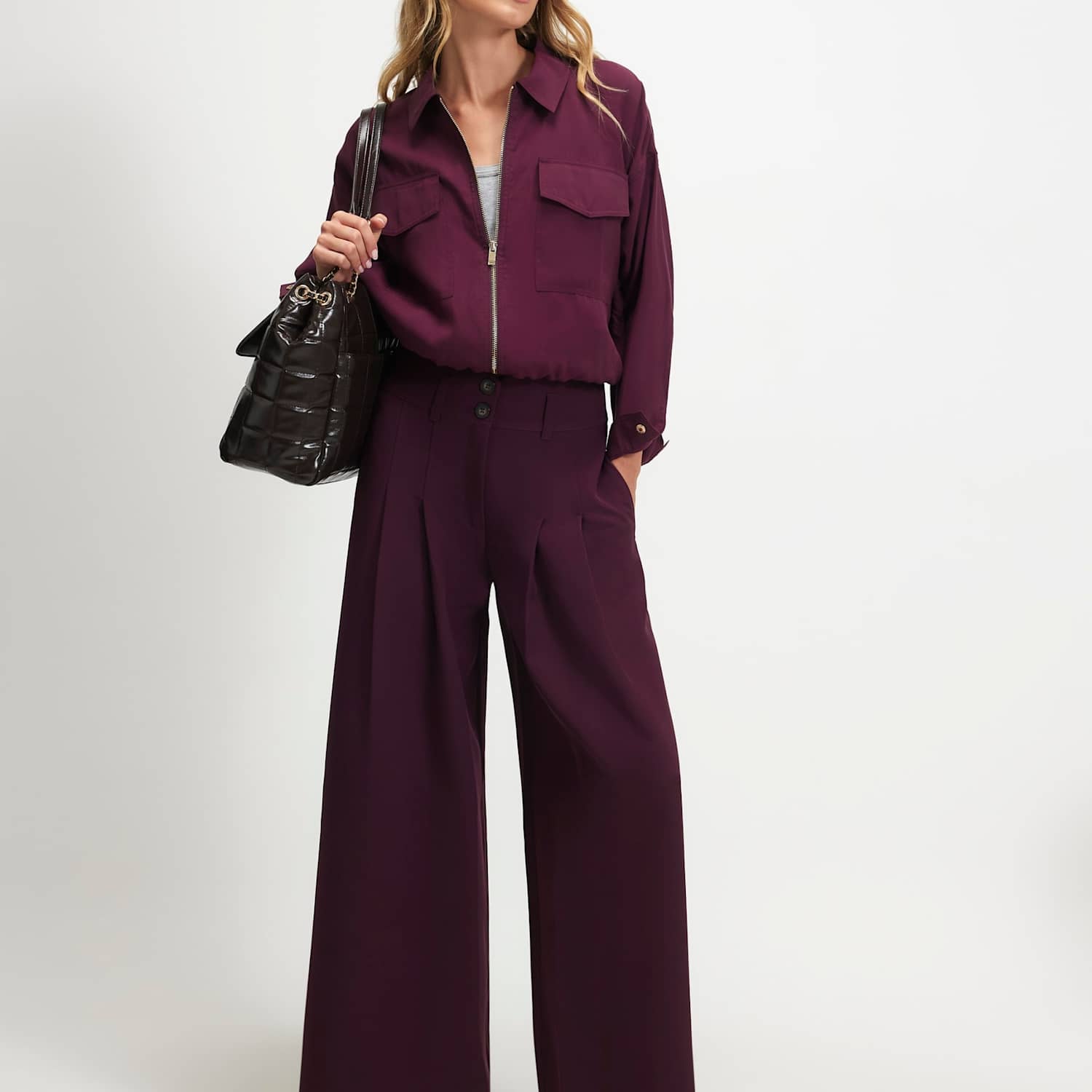 River Island Women's High Waisted Wide Leg Trousers - 16 - Burgundy - Available at M&S