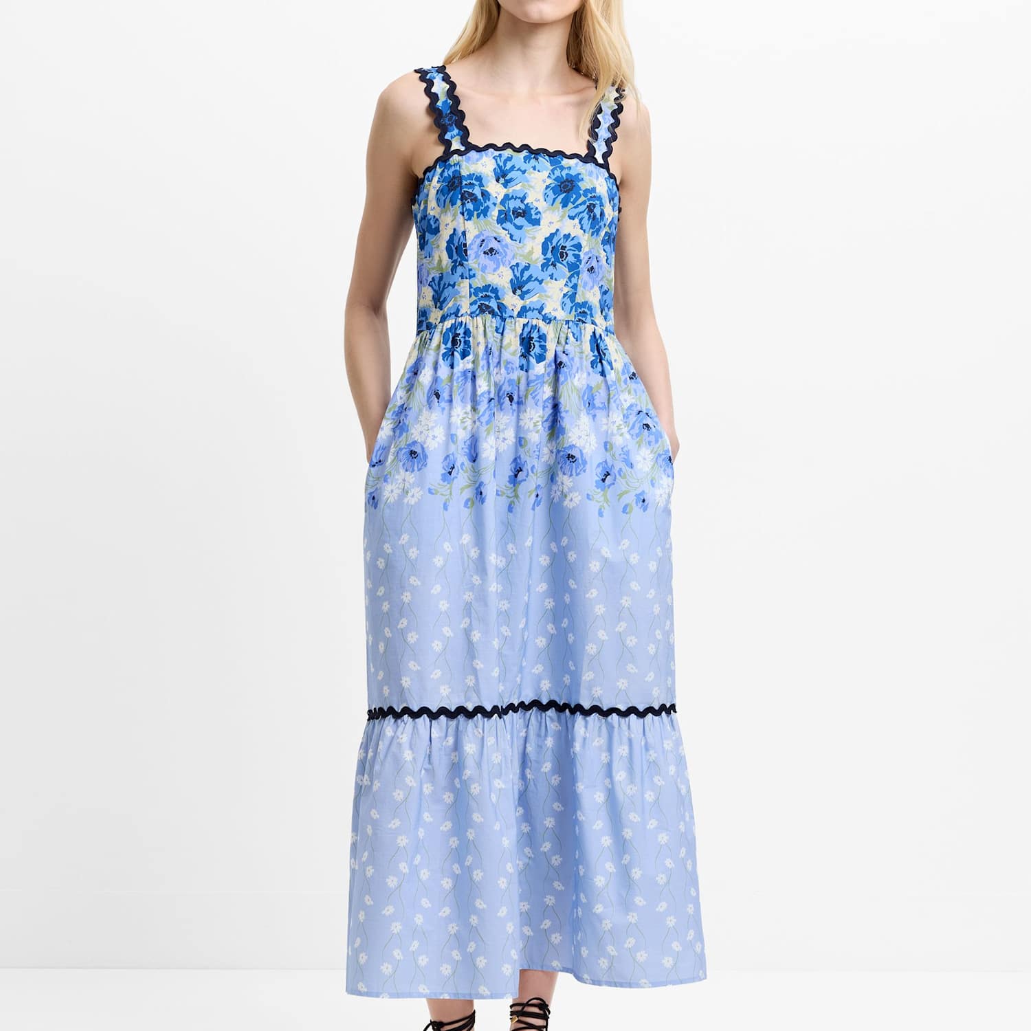 French Connection Women's Pure Cotton Floral Square Neck Midaxi Dress - 8 - Blue Mix - Available at M&S