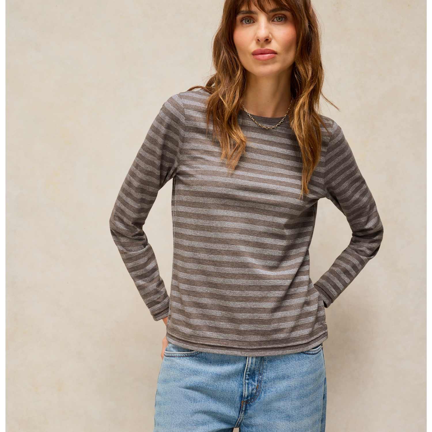 White Stuff Women's Clara Striped Sparkly T-Shirt - 12 - Grey Mix - Available at M&S