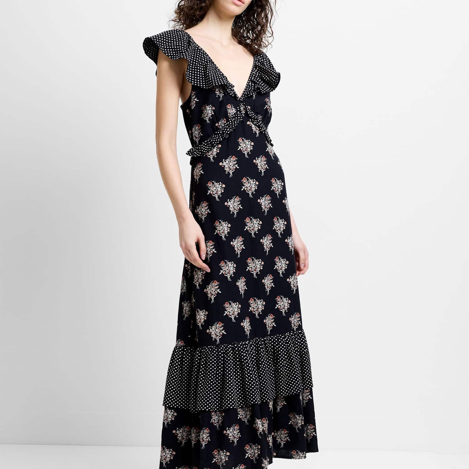French Connection Women's Cotton Blend Midaxi Tiered Dress - 6 - Black Mix - Available at M&S