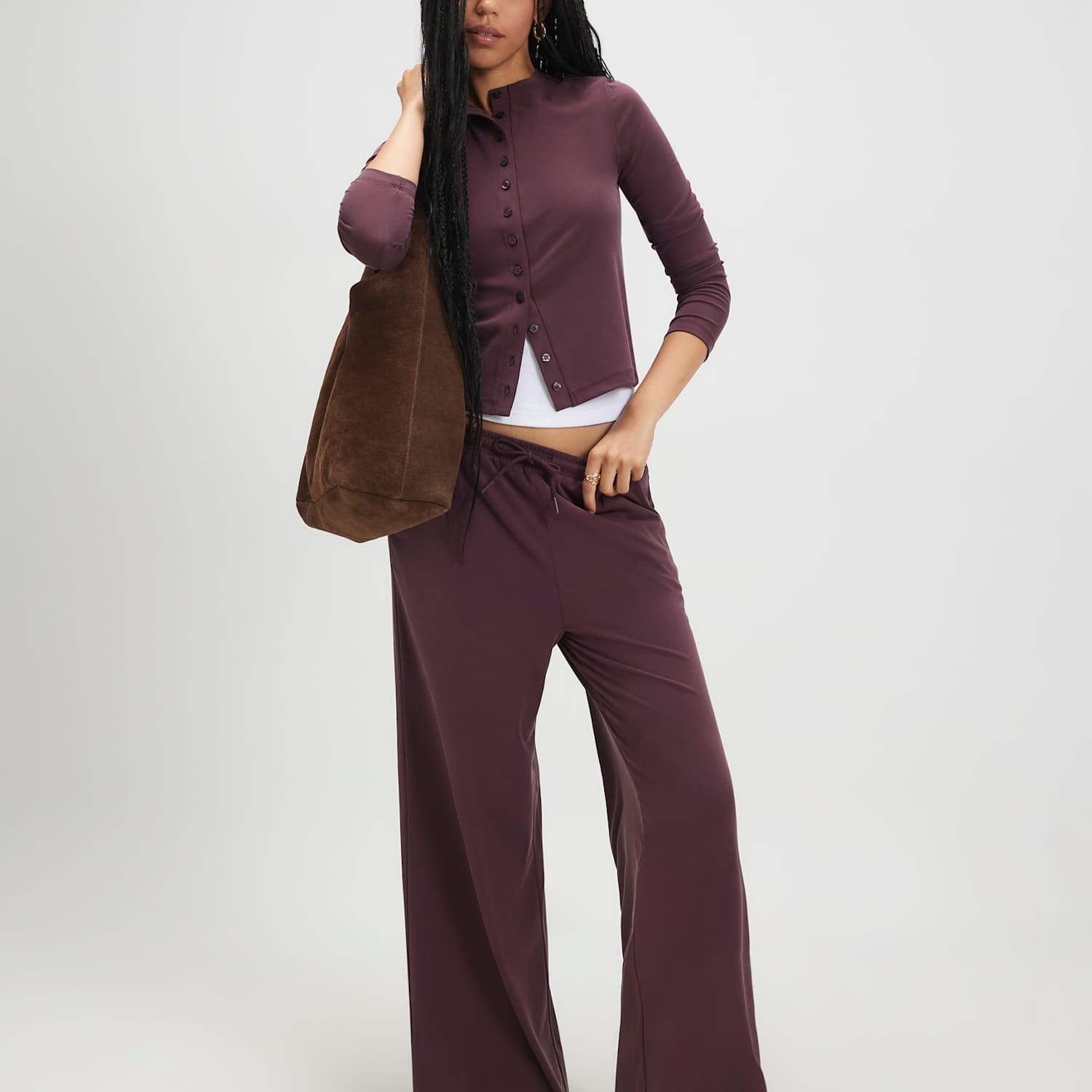 River Island Women's Soft Touch Drawstring Wide Leg Trousers - Large - Burgundy - Available at M&S