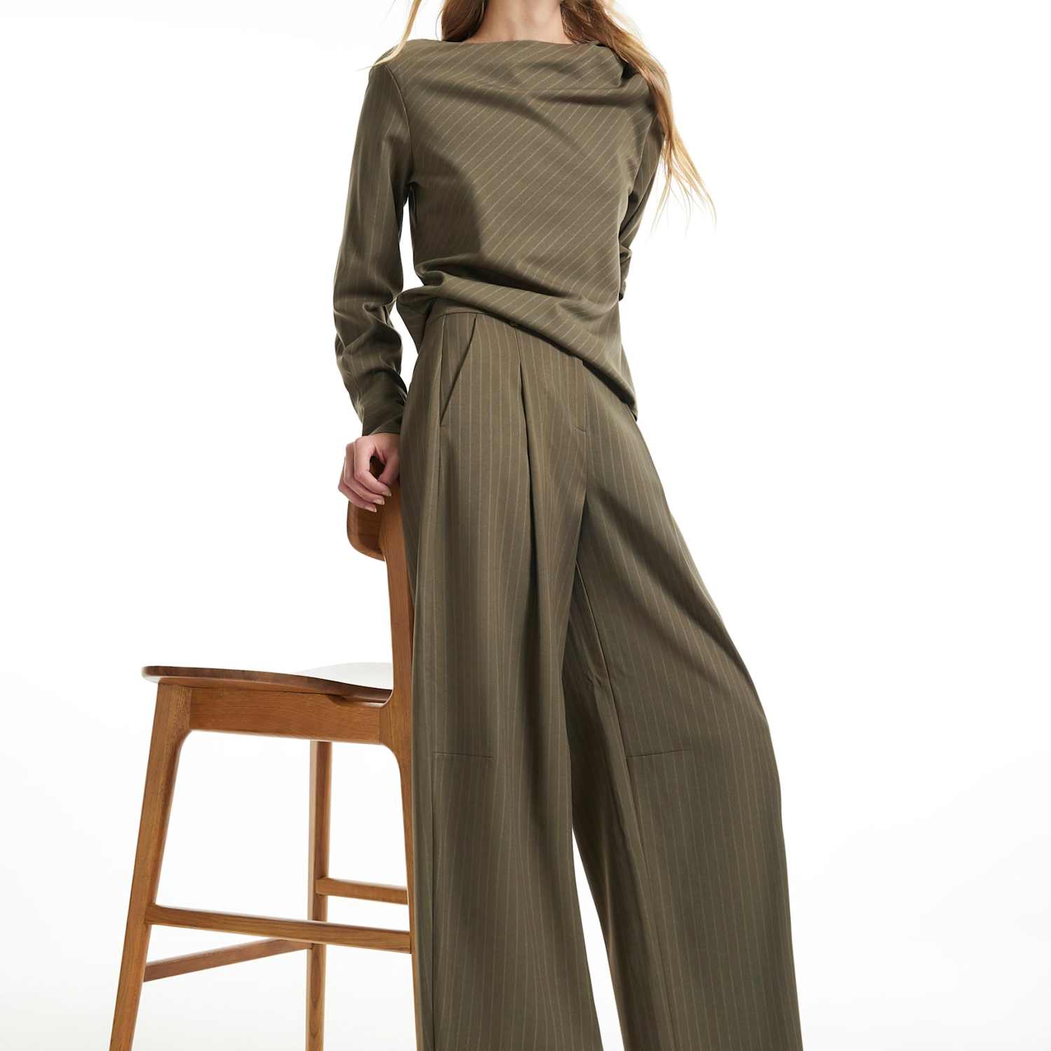 River Island Women's Pinstripe Pleat Front Straight Leg Trousers - 6 - Khaki Mix - Available at M&S