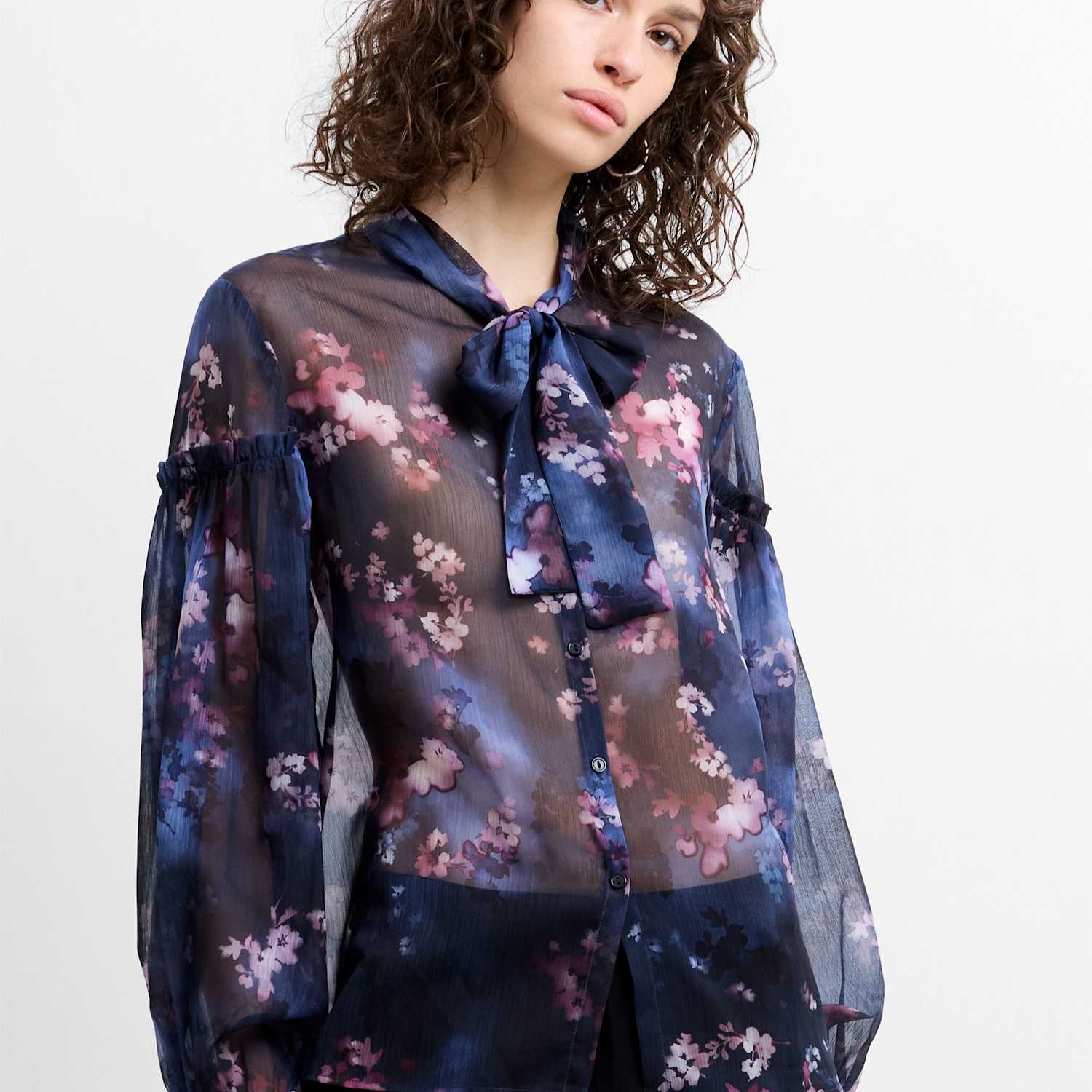 French Connection Women's Floral Tie Neck Button Through Shirt - Small - Navy Mix - Available at M&S