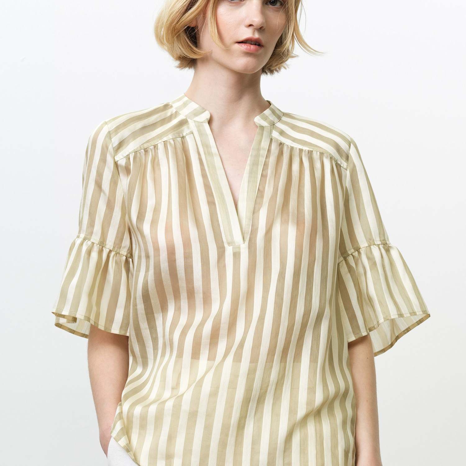 French Connection Women's Lyocell Rich Striped V-Neck Top - Large - Cream Mix - Available at M&S