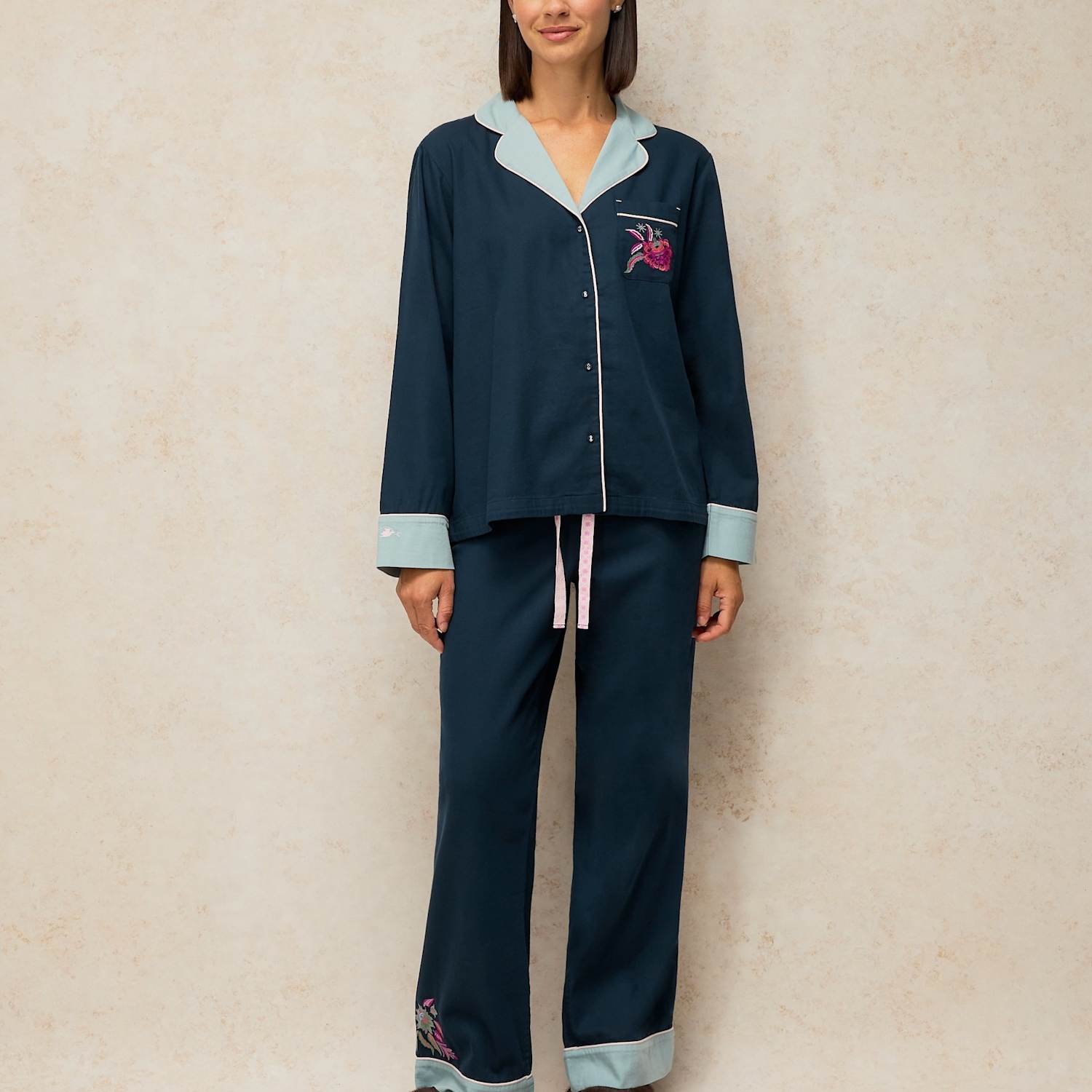 White Stuff Women's Cotton Rich Embroidered Pyjama Bottoms - Large - Navy Mix - Available at M&S