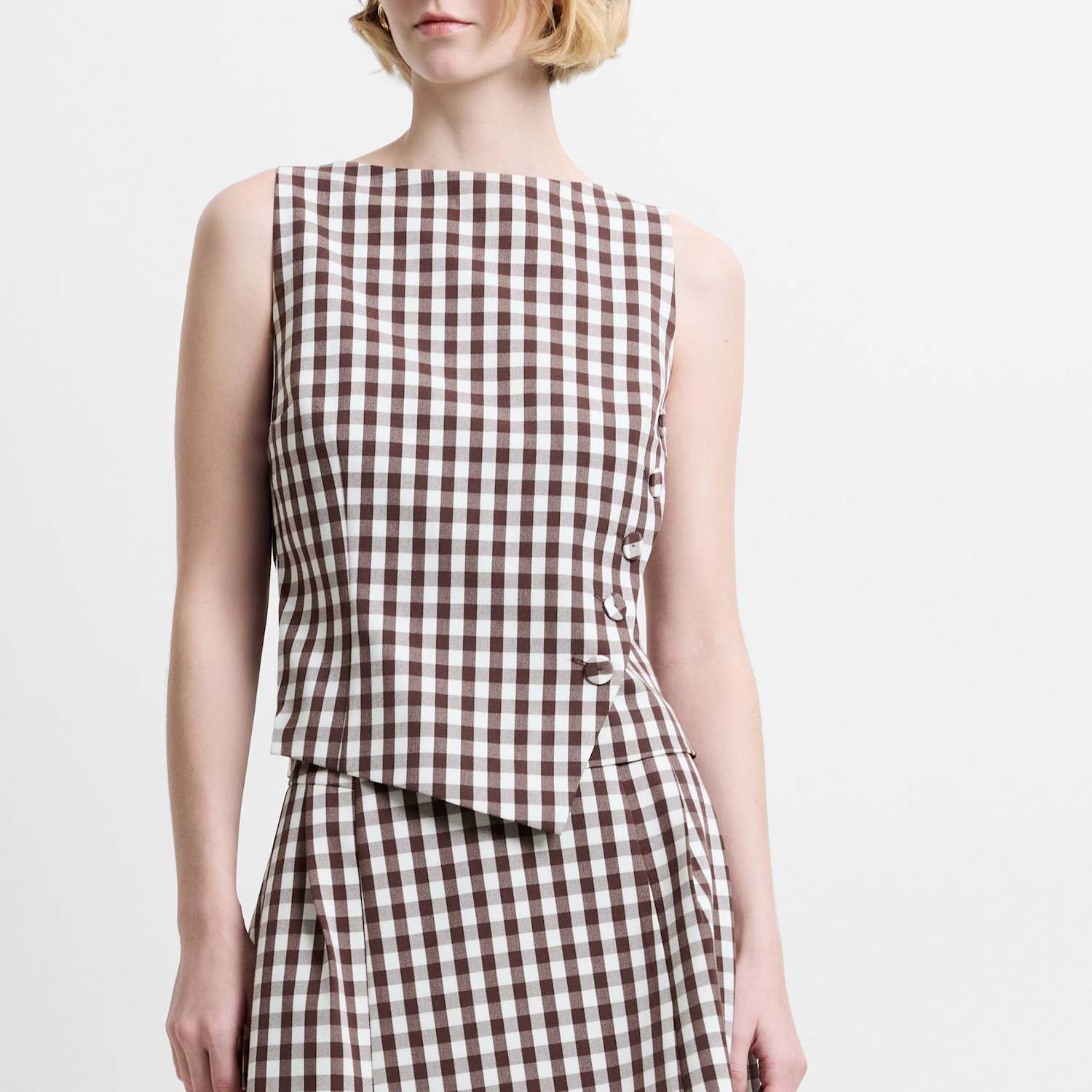 French Connection Women's Gingham Button Detail Top - 6 - Brown Mix - Available at M&S