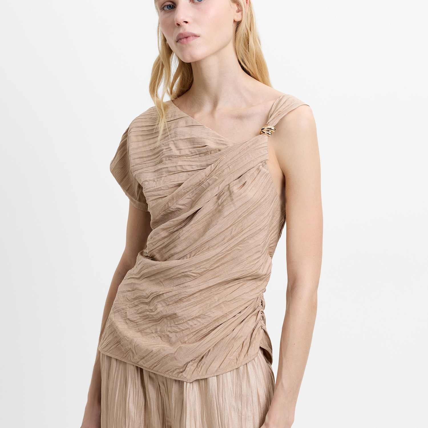 French Connection Women's Textured One Shoulder Hardware Detail Top - Large - Nude - Available at M&S