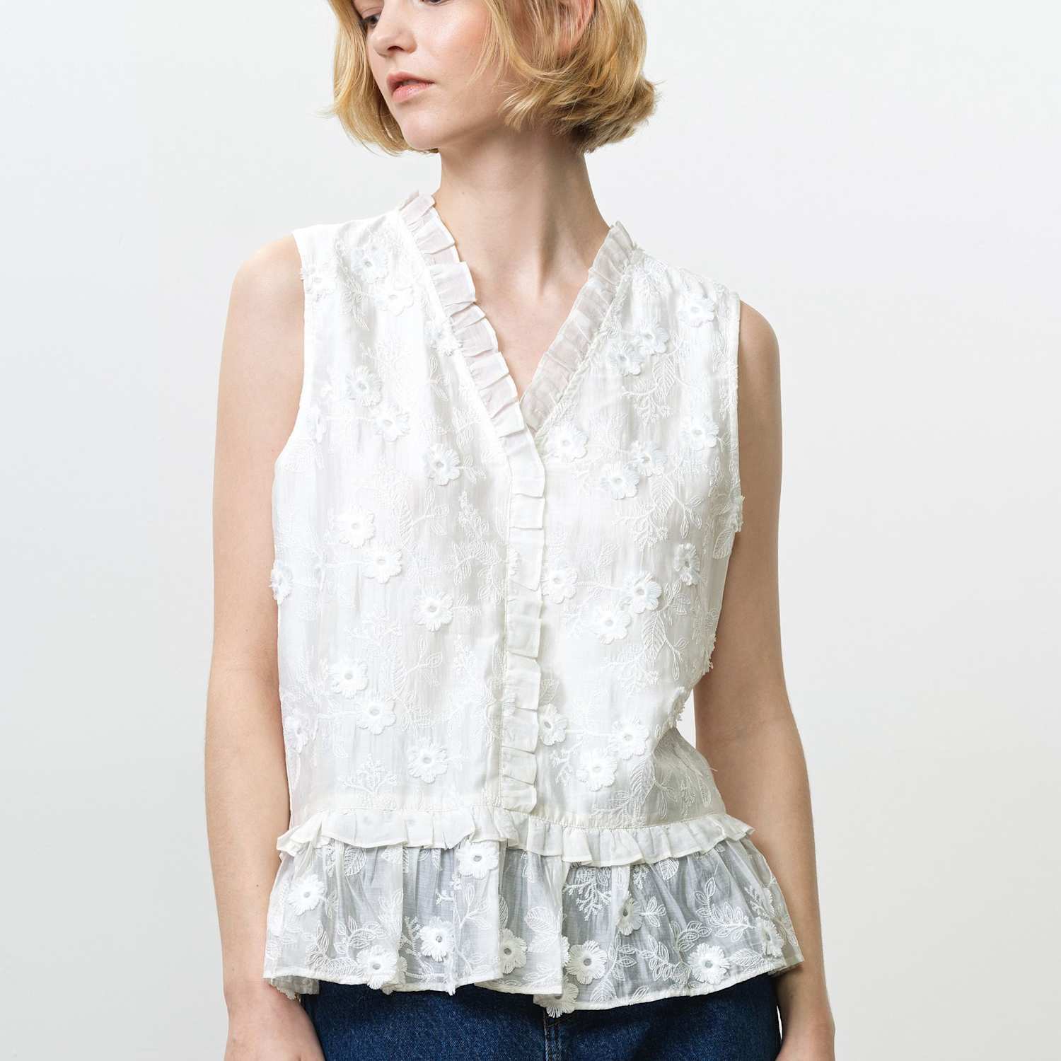 French Connection Women's Pure Cotton Embroidered V-Neck Peplum Top - Small - White - Available at M&S