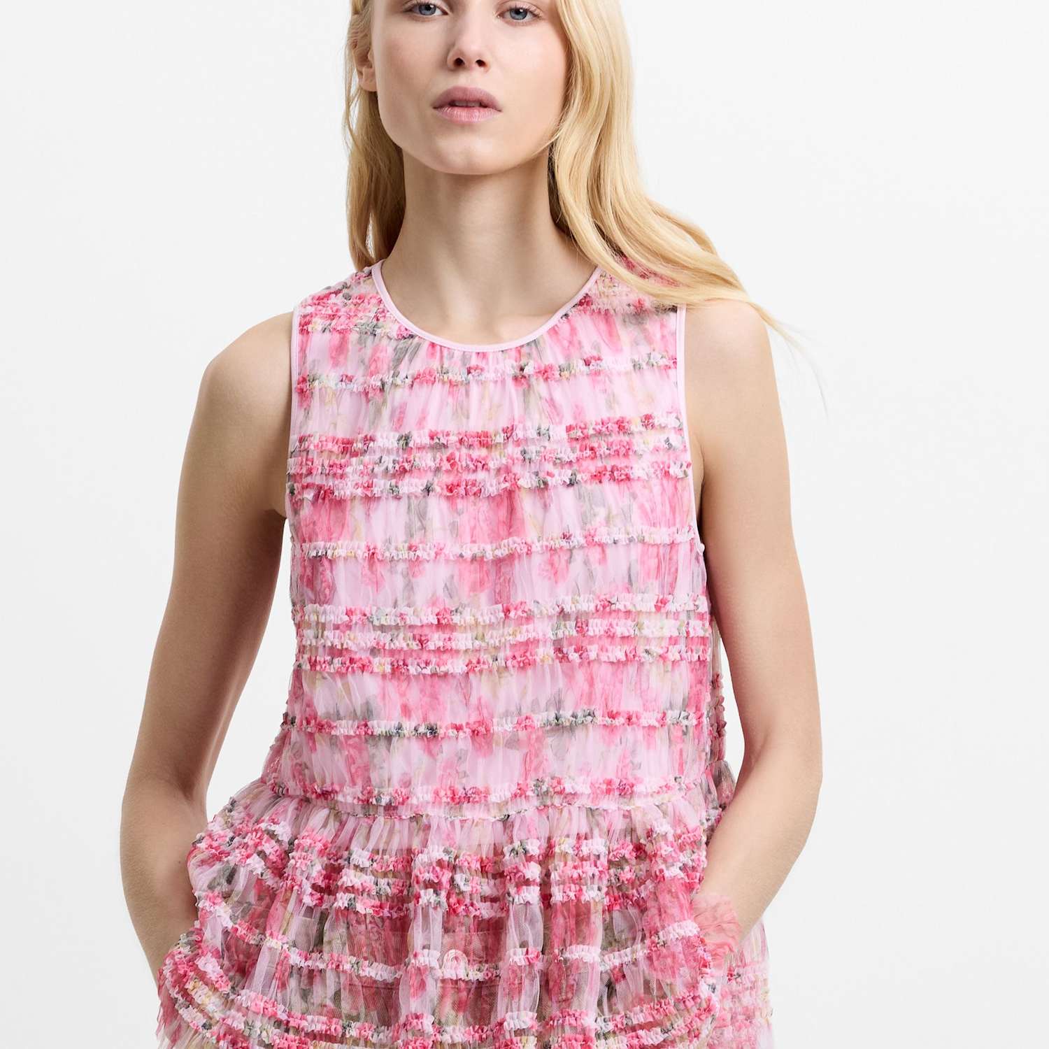 French Connection Women's Mesh Floral Frill Detail Top - Extra Small - Pink Mix - Available at M&S
