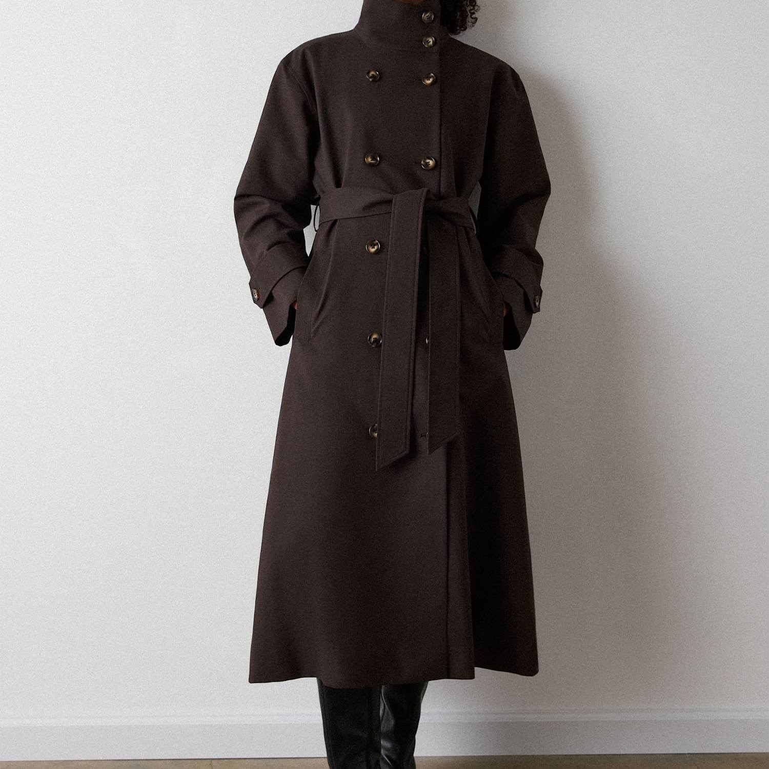 Whistles Women's Pure Cotton Funnel Neck Longline Trench Coat - 12 - Dark Brown - Available at M&S