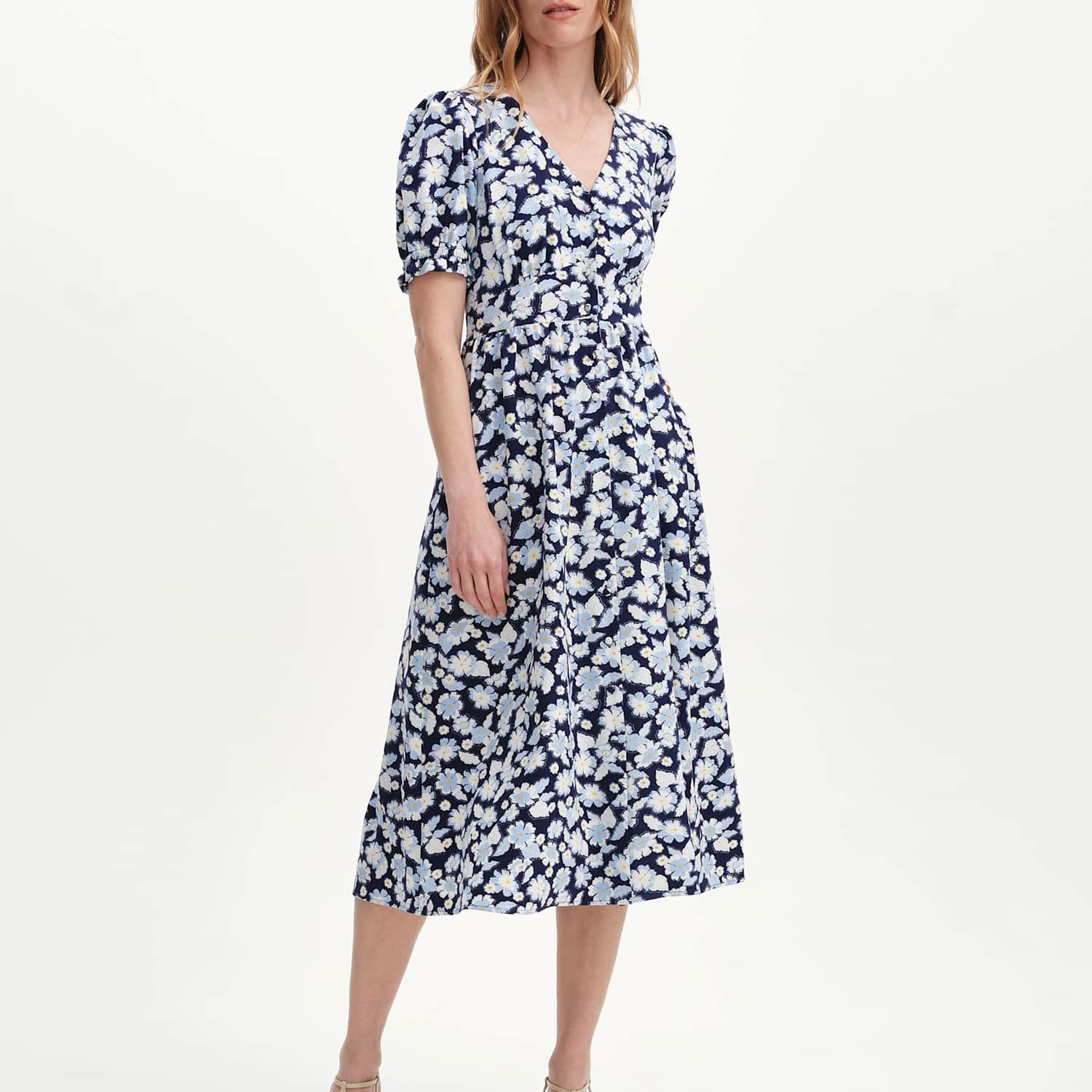 Finery London Women's Floral V-Neck Button Through Midi Tea Dress - 16 - Blue Mix - Available at M&S