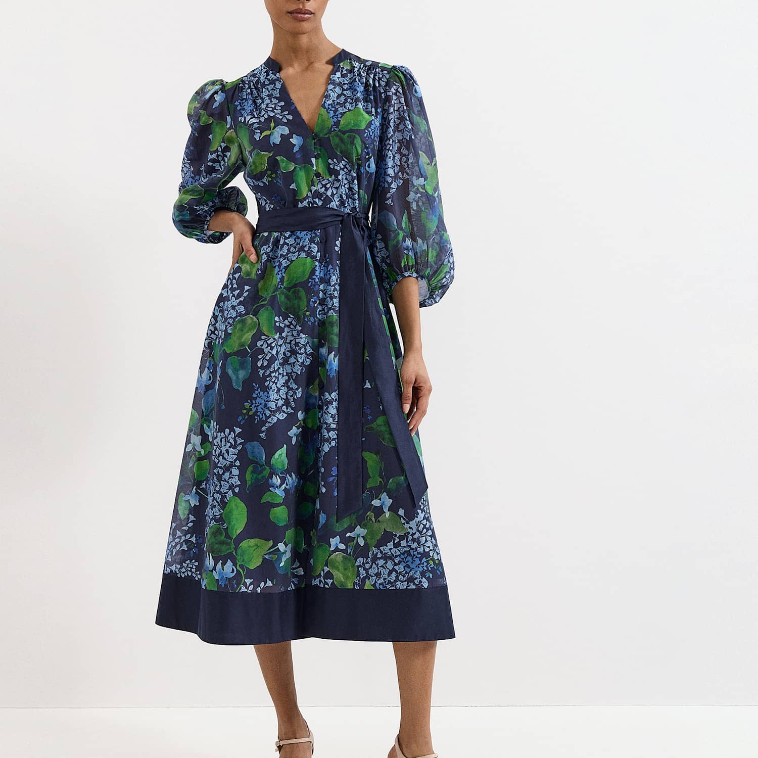 Phase Eight Women's Floral V-Neck Belted Midi Skater Dress - 10 - Navy Mix - Available at M&S