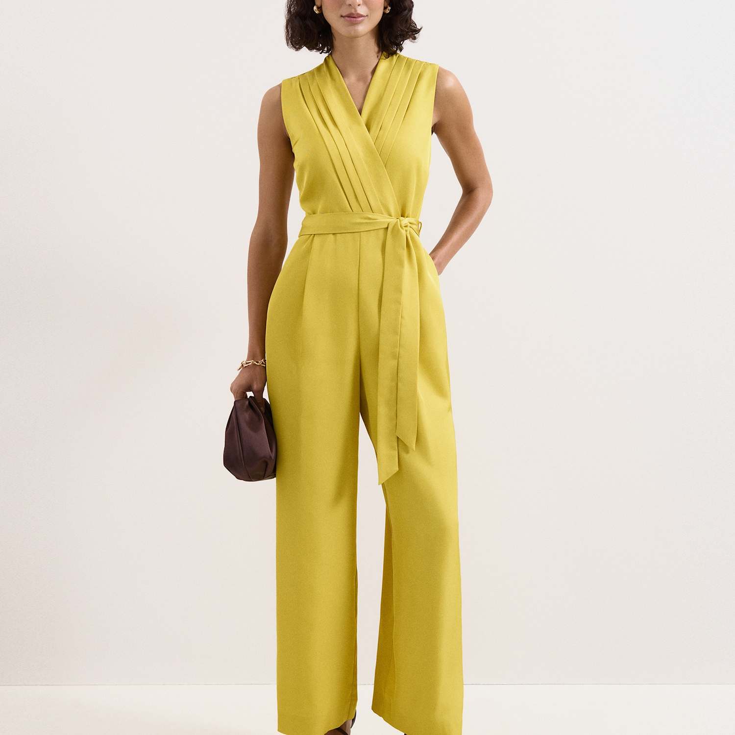 Phase Eight Women's Satin Belted Sleeveless Wide Leg Jumpsuit - 14 - Yellow - Available at M&S