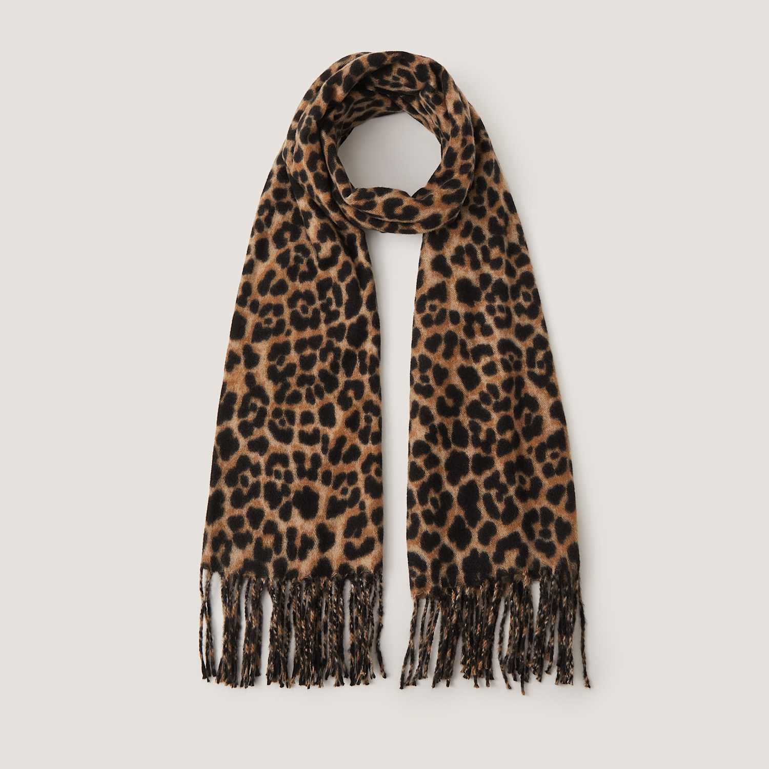 Monsoon Women's Brushed Leopard Print Tassel Scarf - Beige Mix - Available at M&S