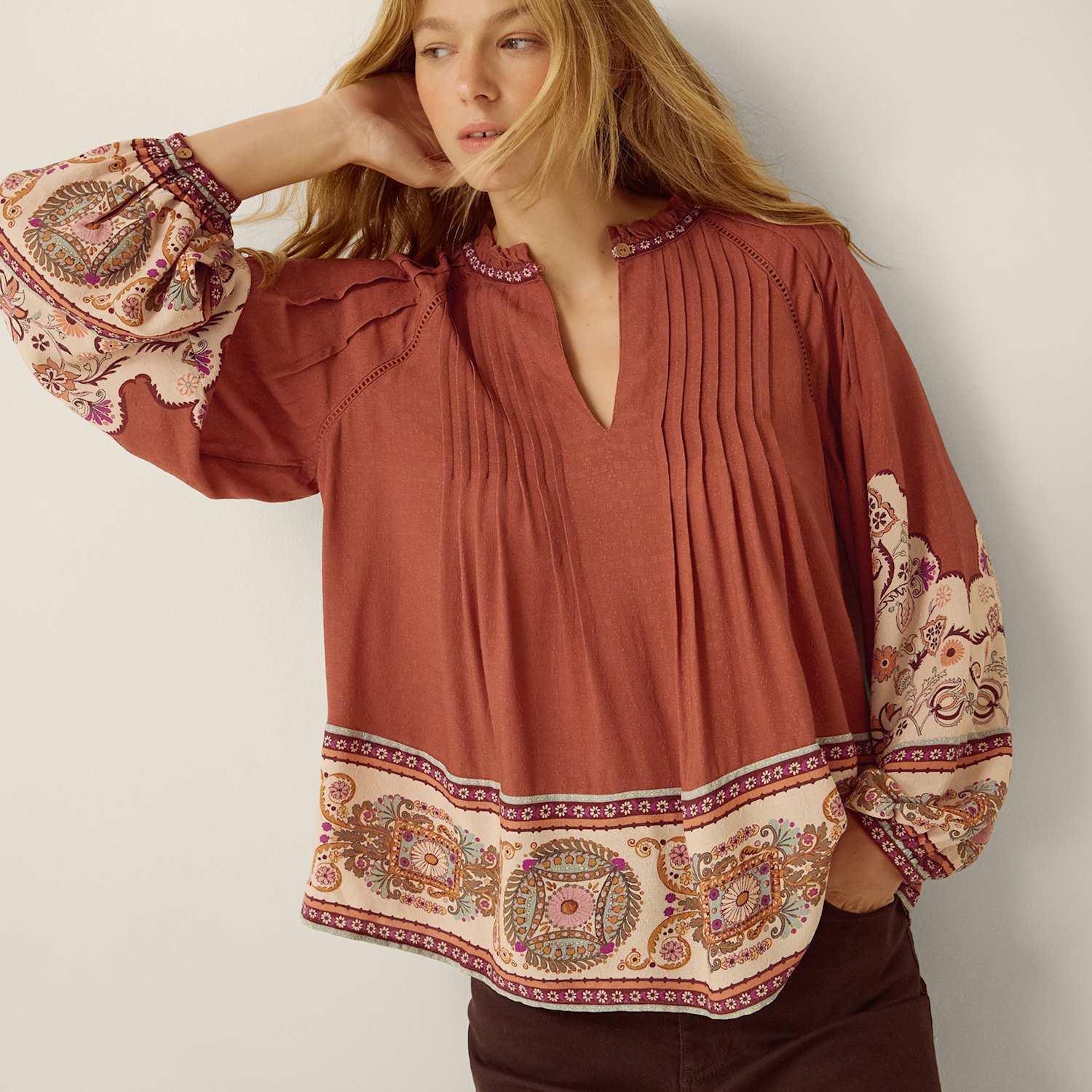 Monsoon Women's Printed Pintuck Blouse - Small - Brown Mix - Available at M&S