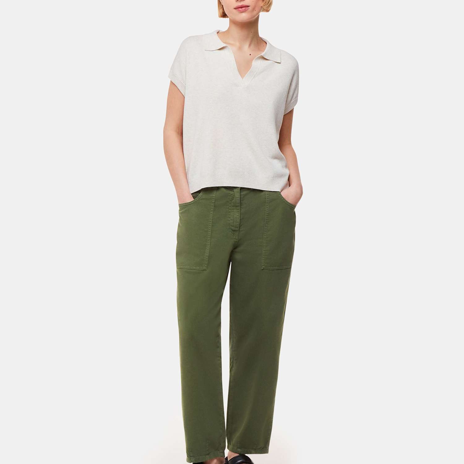 Whistles Women's Tessa Cotton Rich Straight Leg Trousers - 16 - Khaki - Available at M&S