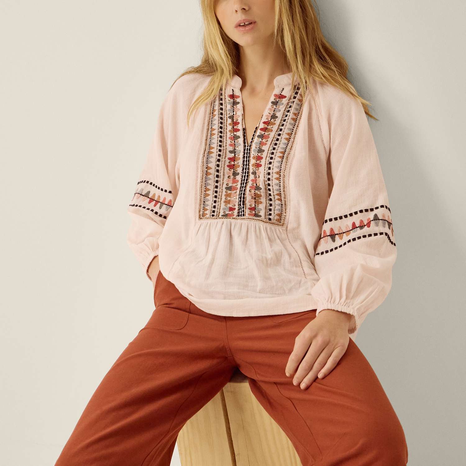 Monsoon Women's Pure Cotton Embroidered Top - Medium - Light Pink Mix - Available at M&S