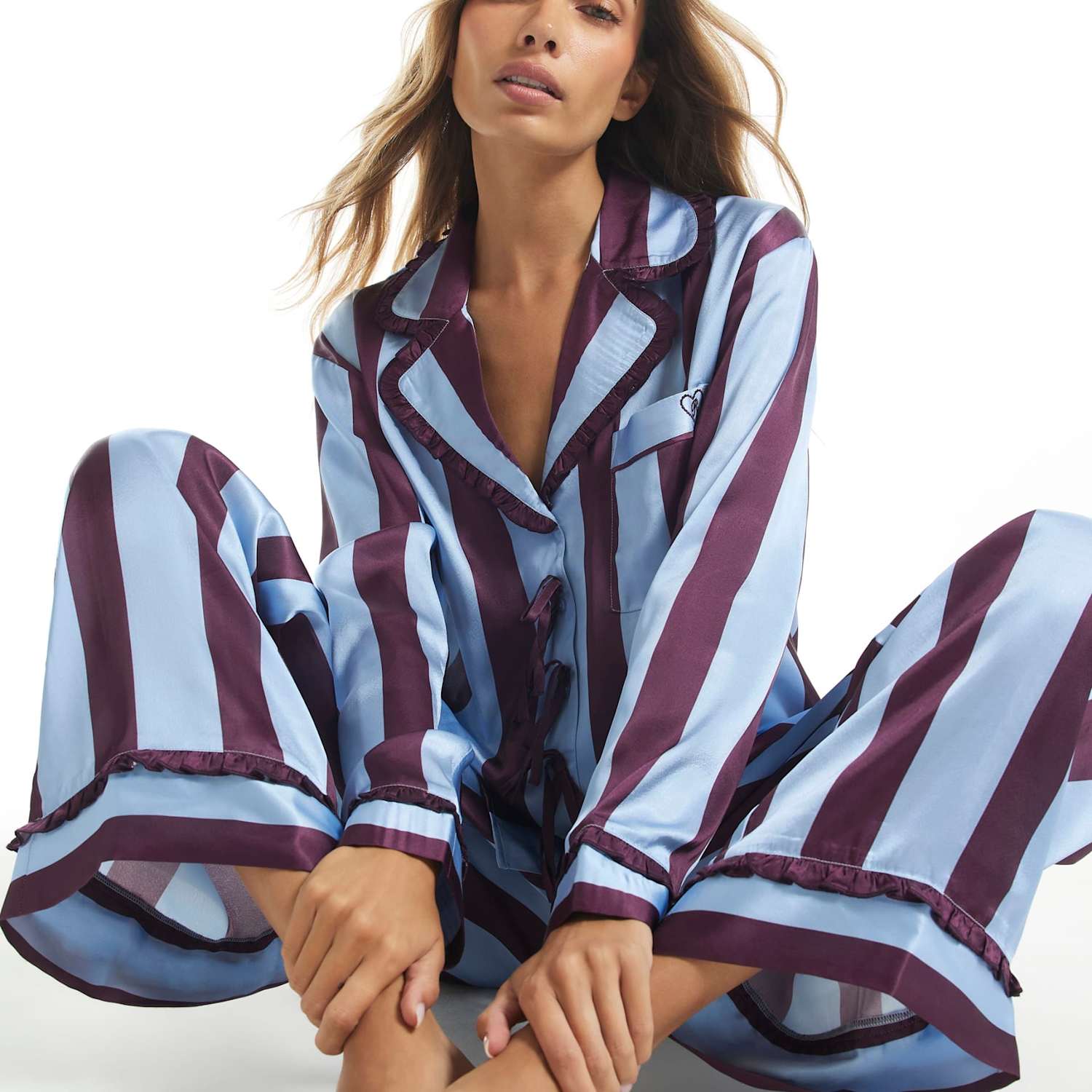 River Island Women's Satin Striped Pyjama Set - Medium - Blue Mix - Available at M&S