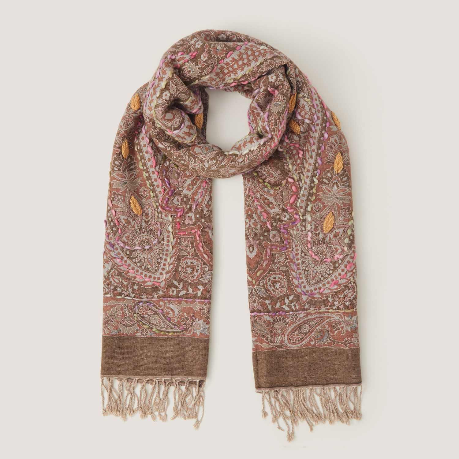 Monsoon Women's Embroidered Paisley Tassel Scarf - Beige Mix - Available at M&S