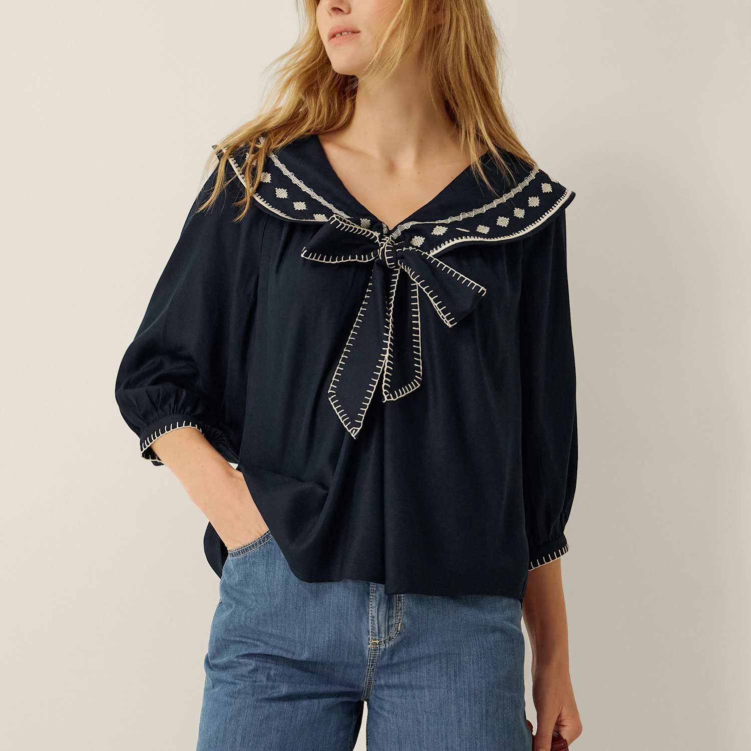 Monsoon Women's Embroidered Sailor Top - Small - Navy - Available at M&S