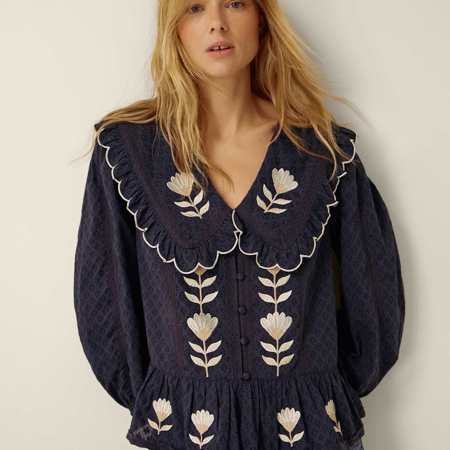Monsoon Women's Pure Cotton Tulip Embroidered Collared Blouse - 16 - Navy Mix - Available at M&S