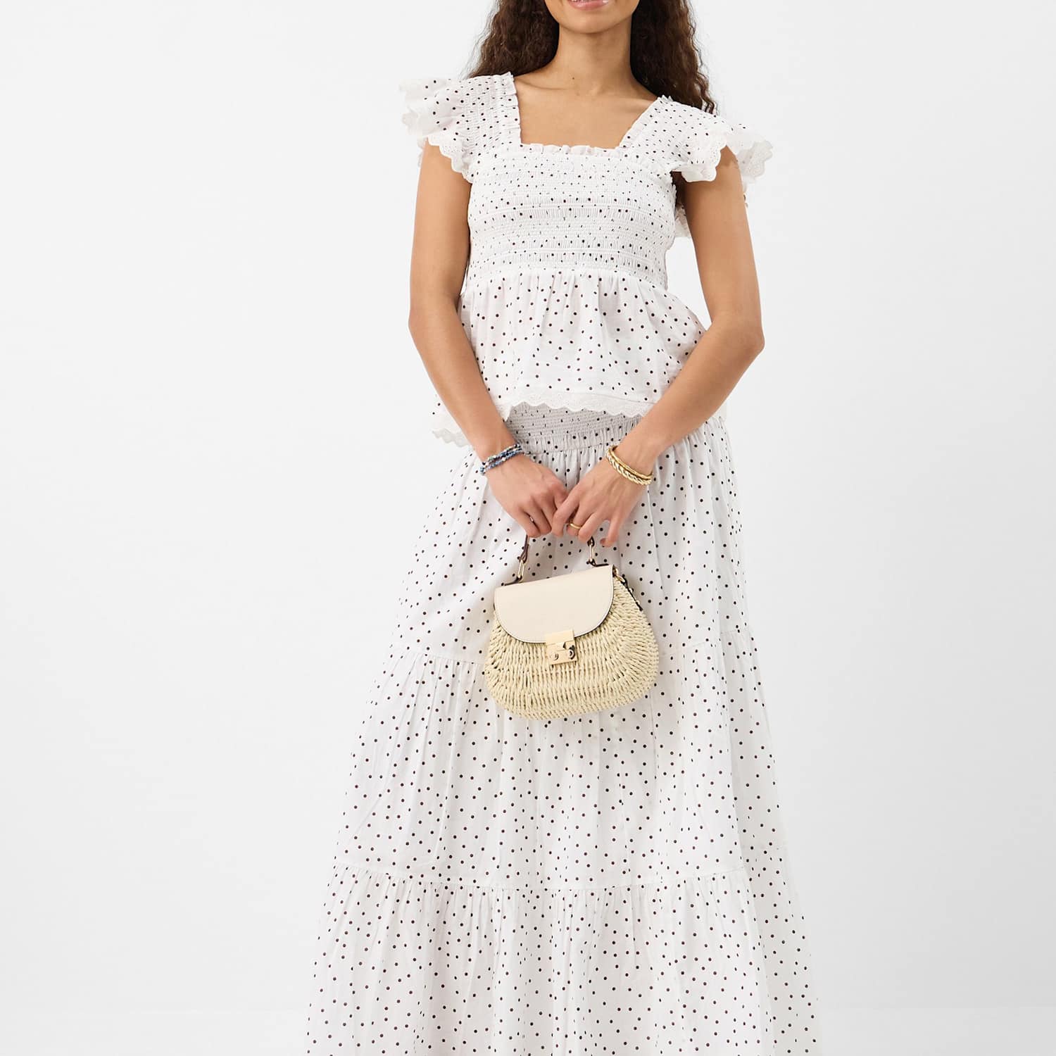 Accessorize Women's Pure Cotton Frill Shoulder Polka Dot Top - Large - White Mix - Available at M&S