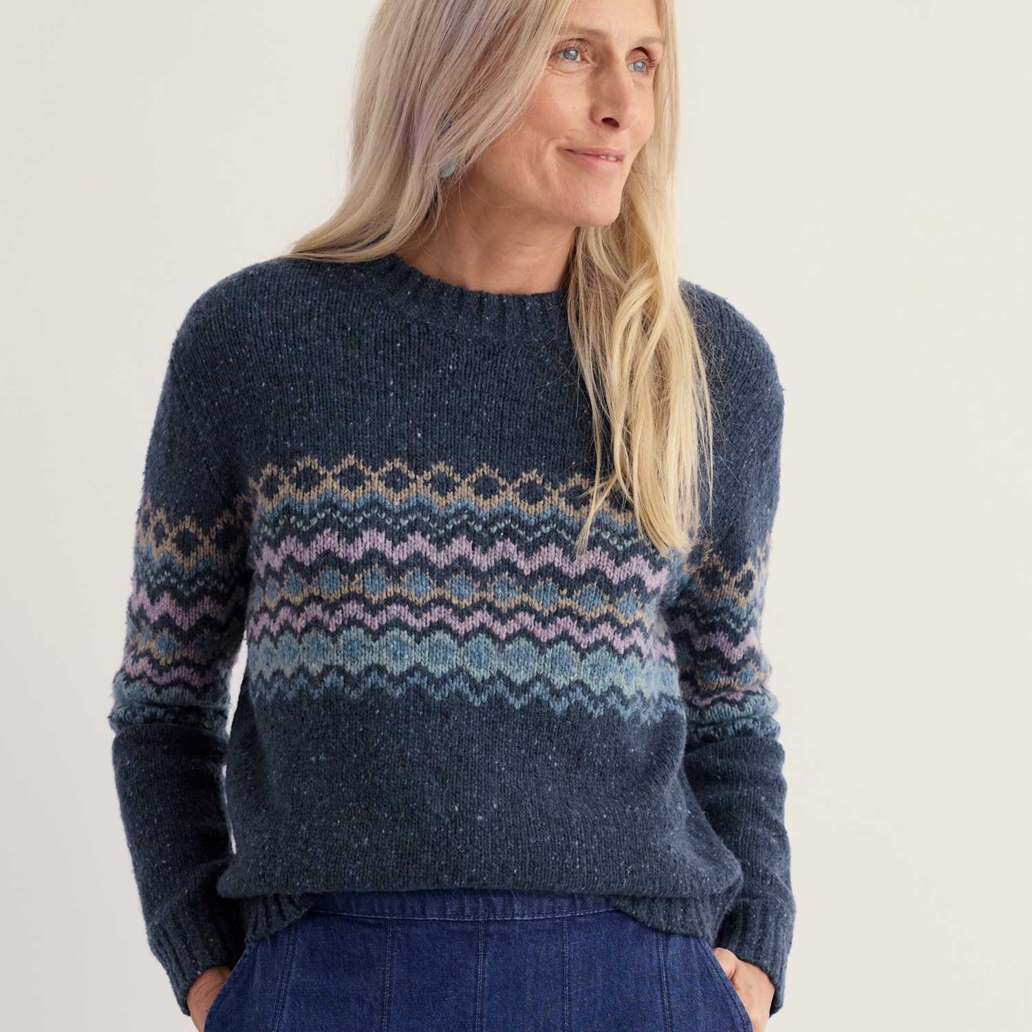 Seasalt Cornwall Women's Merino Wool Rich Fairisle Crew Neck Relaxed Jumper - 12 - Navy Mix - Available at M&S