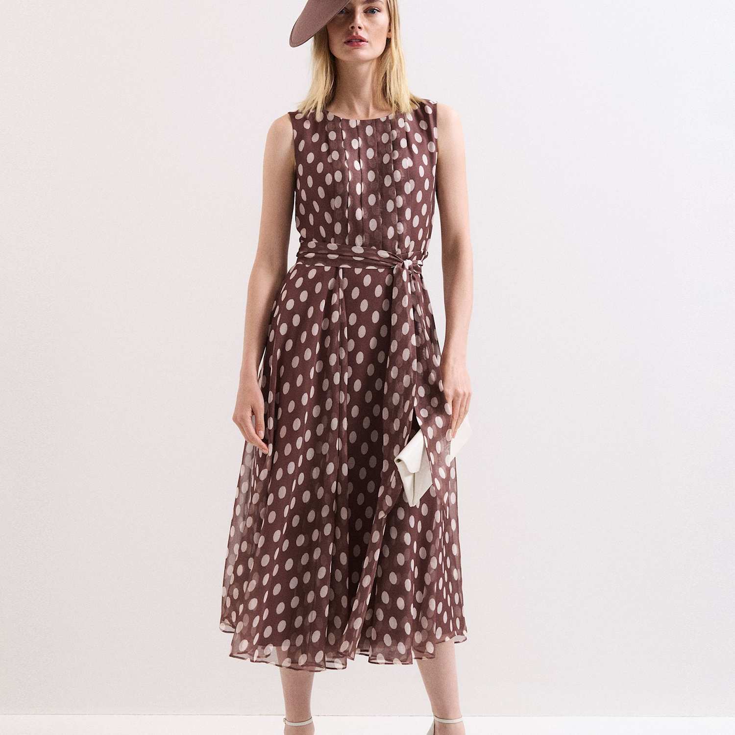Phase Eight Women's Spot Print Bow Detail Midi Skater Dress - 10 - Brown Mix - Available at M&S