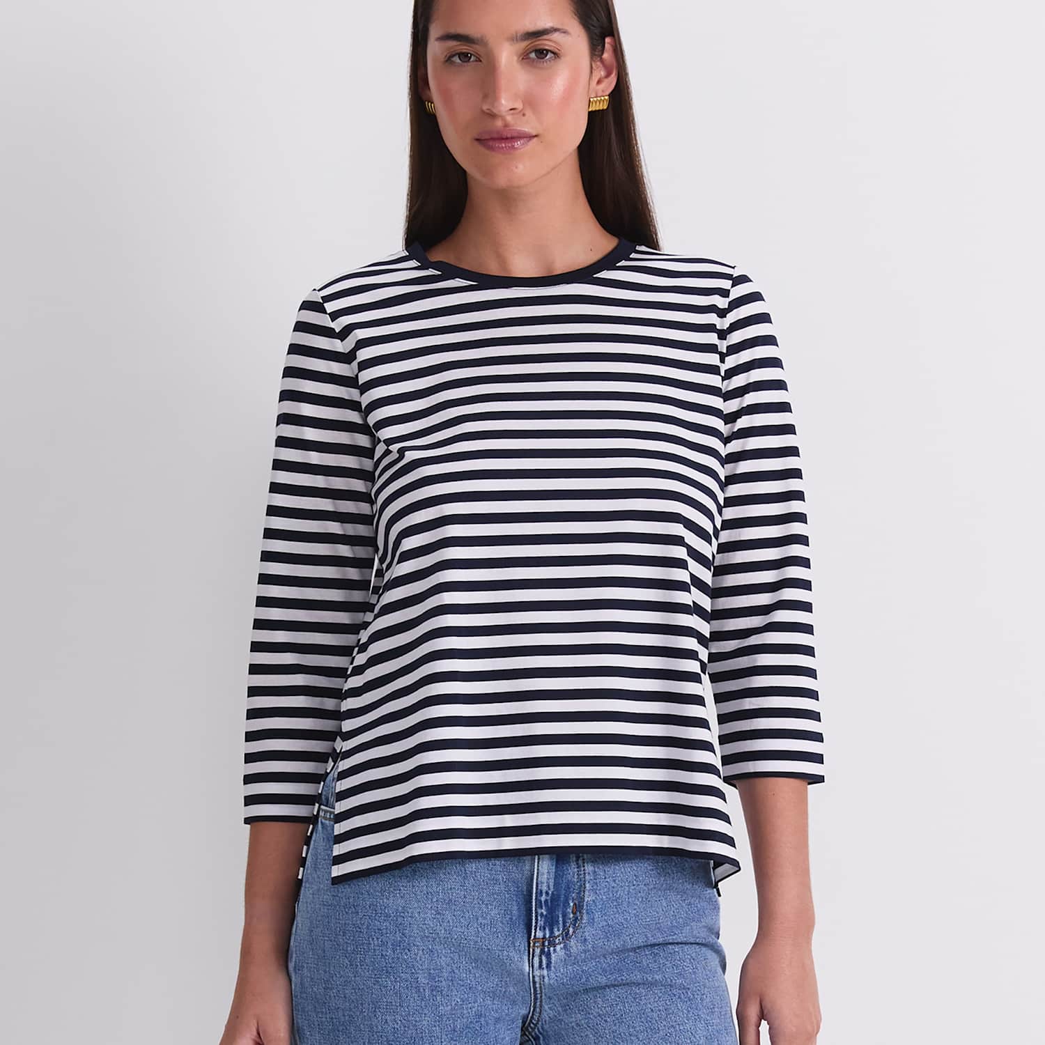 Sportscraft Women's Mercerised Cotton Three-Quarter Sleeve Top - Medium - Navy Mix - Available at M&S