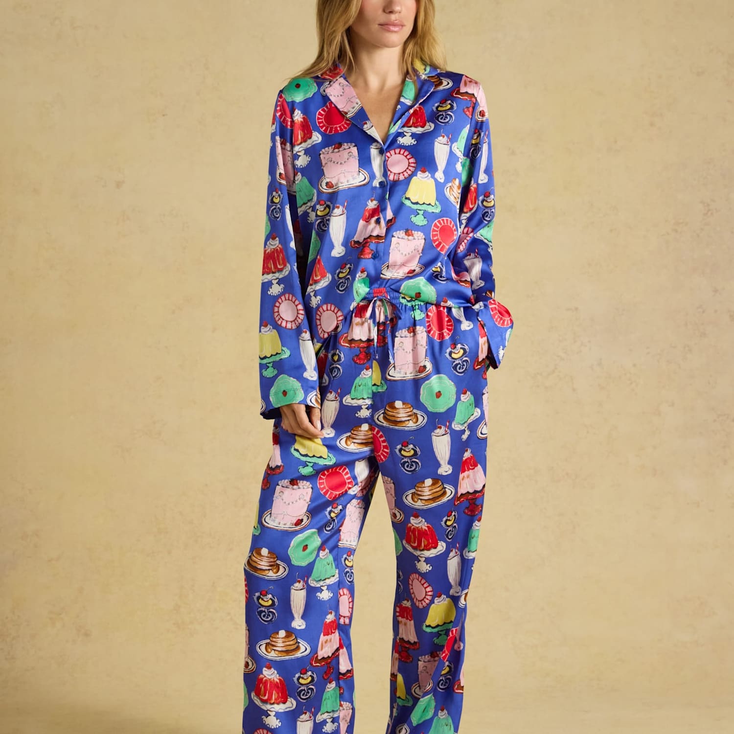 Joules Women's Printed Satin Two Piece Pyjama Set - Extra Large - Blue Mix - Available at M&S