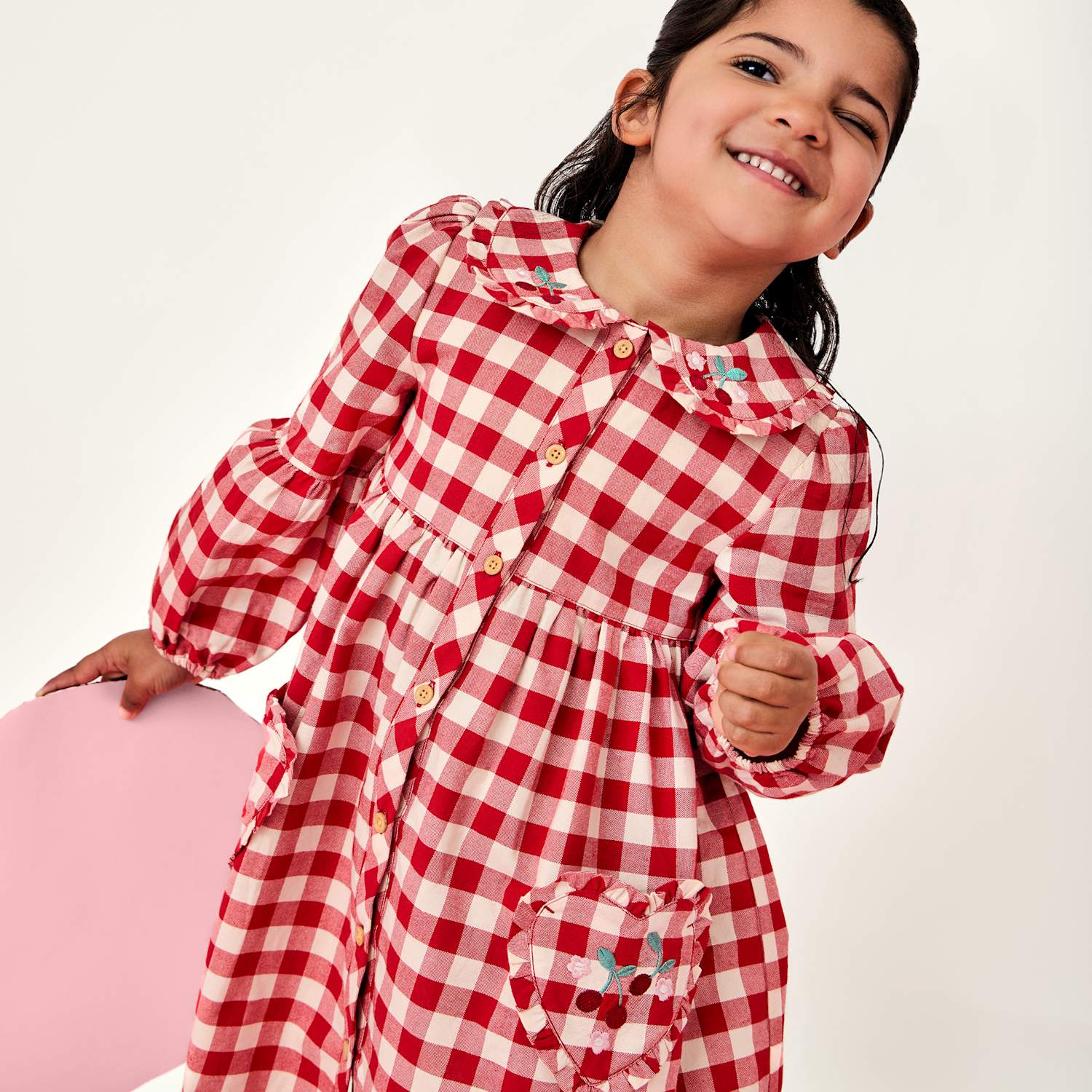 Jojo Maman Bébé Girls Pure Cotton Checked Heart Pocket Dress (1-5 Yrs) - 12-18 Months - Red Mix - Available at M&S