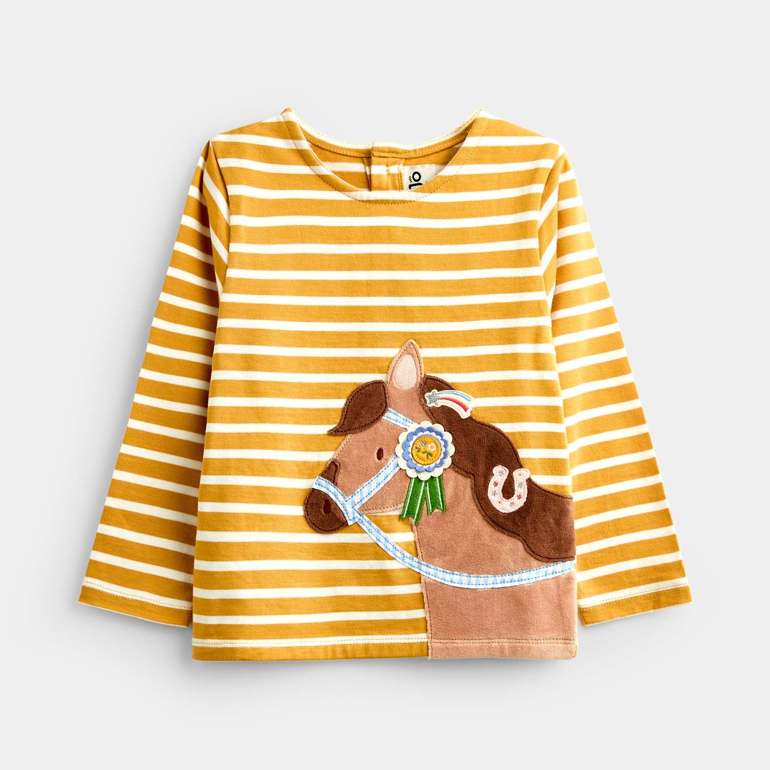 Jojo Maman Bébé Girls Pure Cotton Striped Horse Appliqué Top (1-5 Yrs) - 12-18 Months - Yellow Mix - Available at M&S
