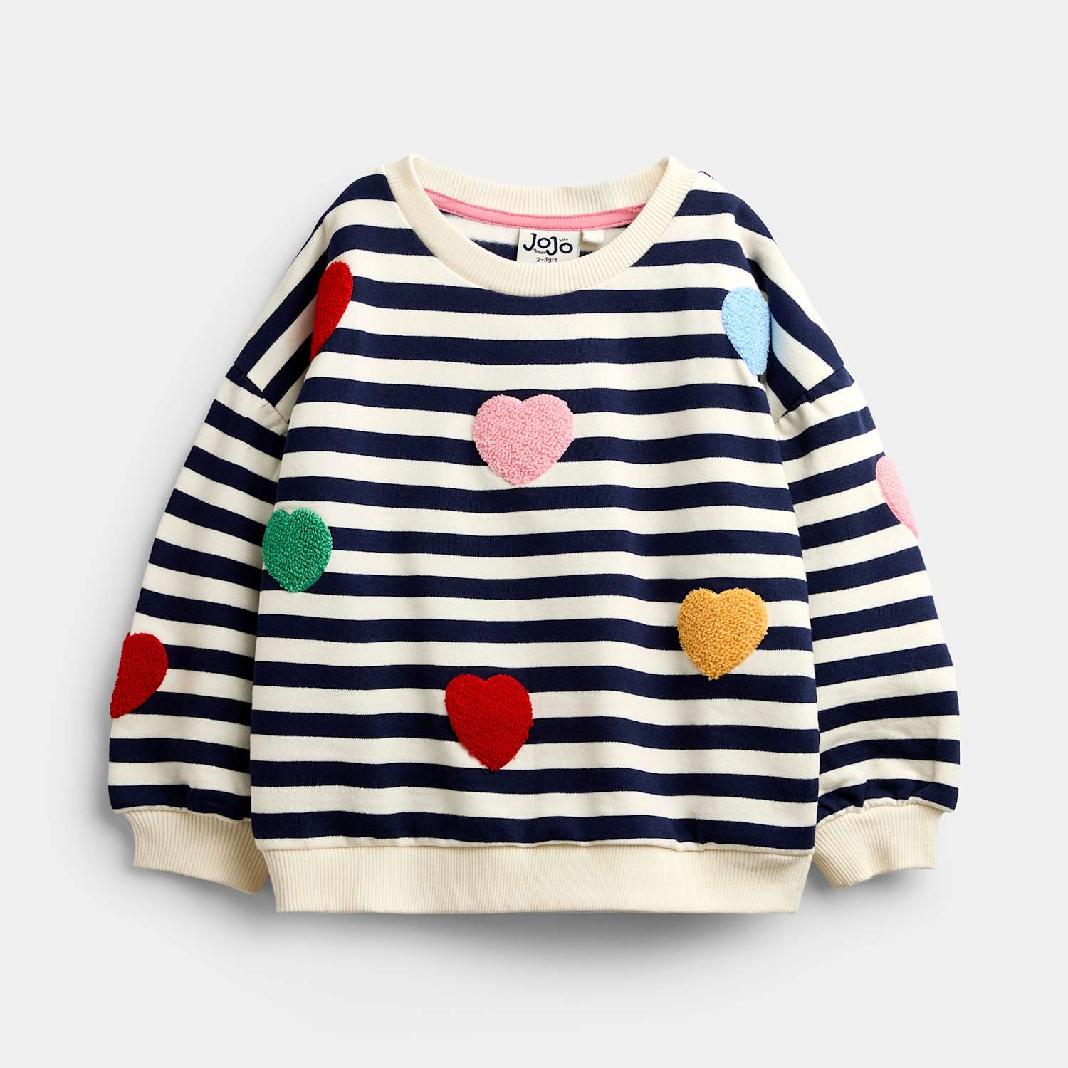 Jojo Maman Bébé Girls Pure Cotton Striped Boucle Heart Sweatshirt (1-5 Yrs) - 12-18 Months - Blue Mix - Available at M&S