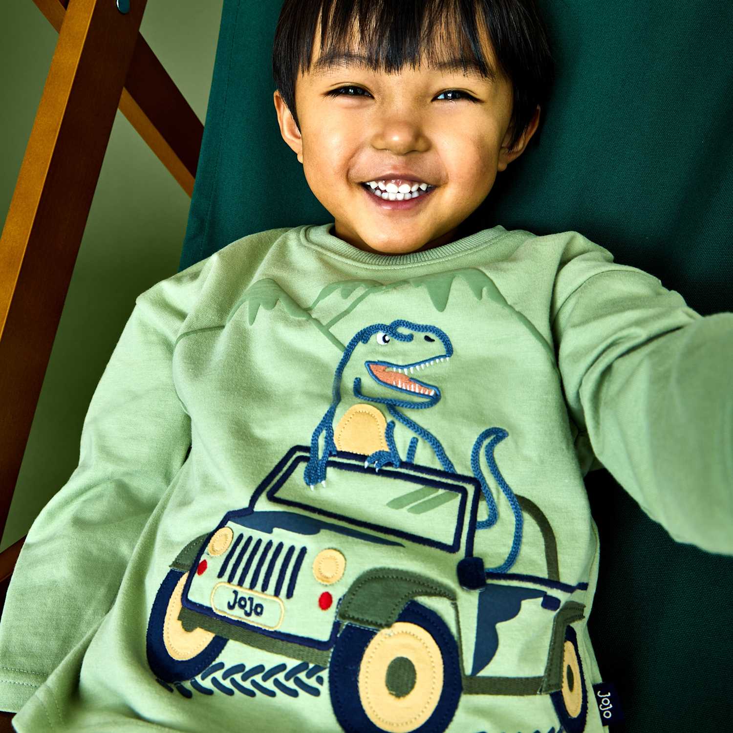 Jojo Maman Bébé Boys Pure Cotton Driving T-Rex Top (1-5 Yrs) - 12-18 Months - Green Mix - Available at M&S