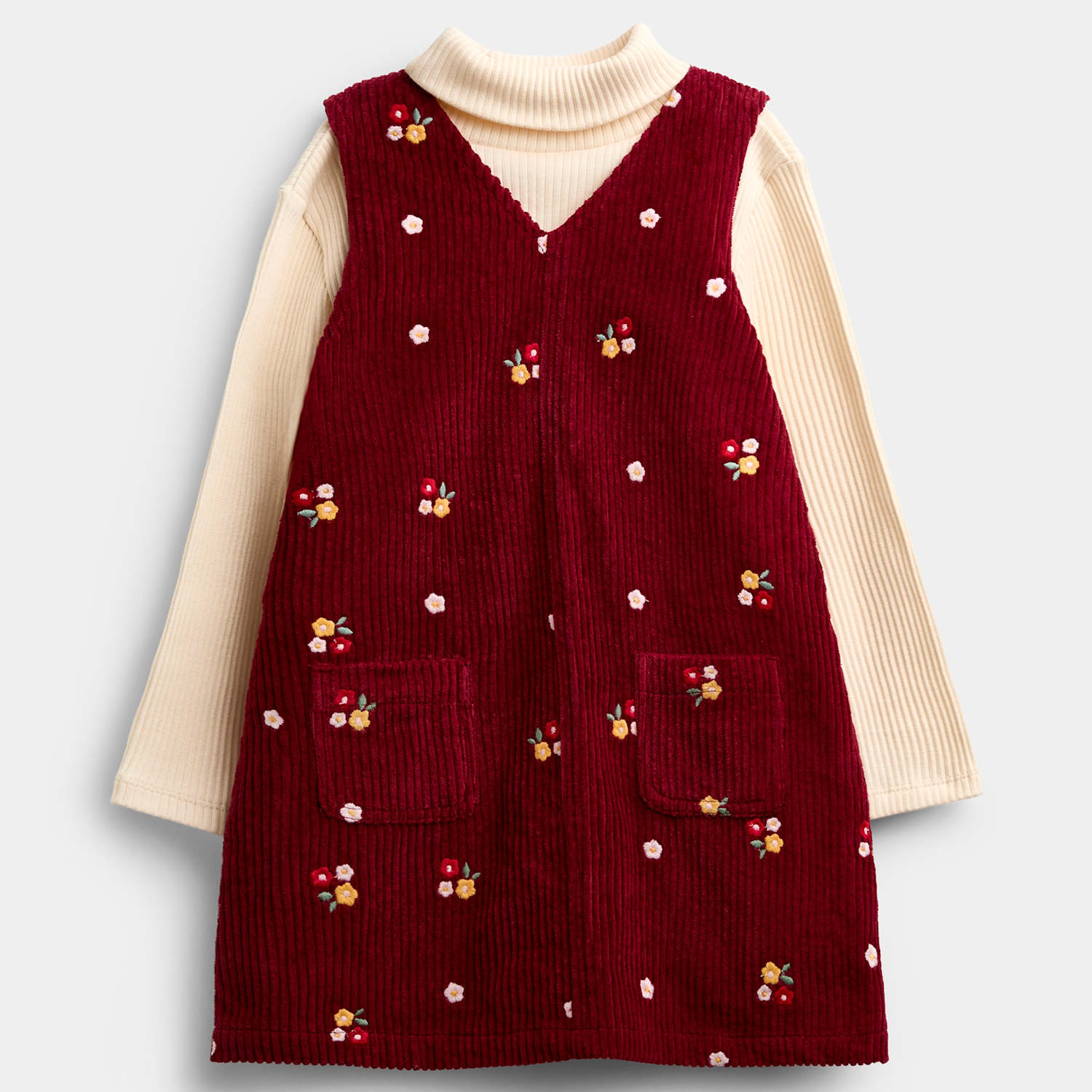 Jojo Maman Bébé Girls 2pc Pure Cotton Embroidered Pinafore Outfit (1-5 Yrs) - 2-3 Years - Red Mix - Available at M&S