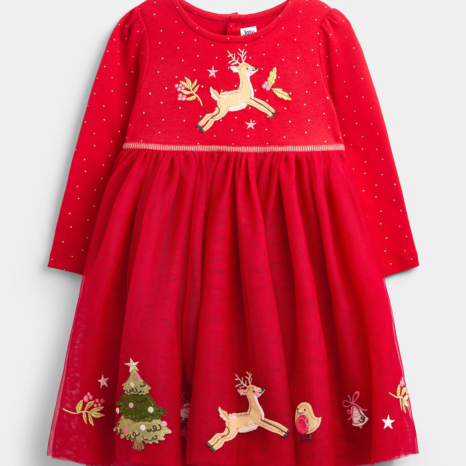 Jojo Maman Bébé Girls Tulle Reindeer Applique Dress - 4-5 Years - Red Mix - Available at M&S