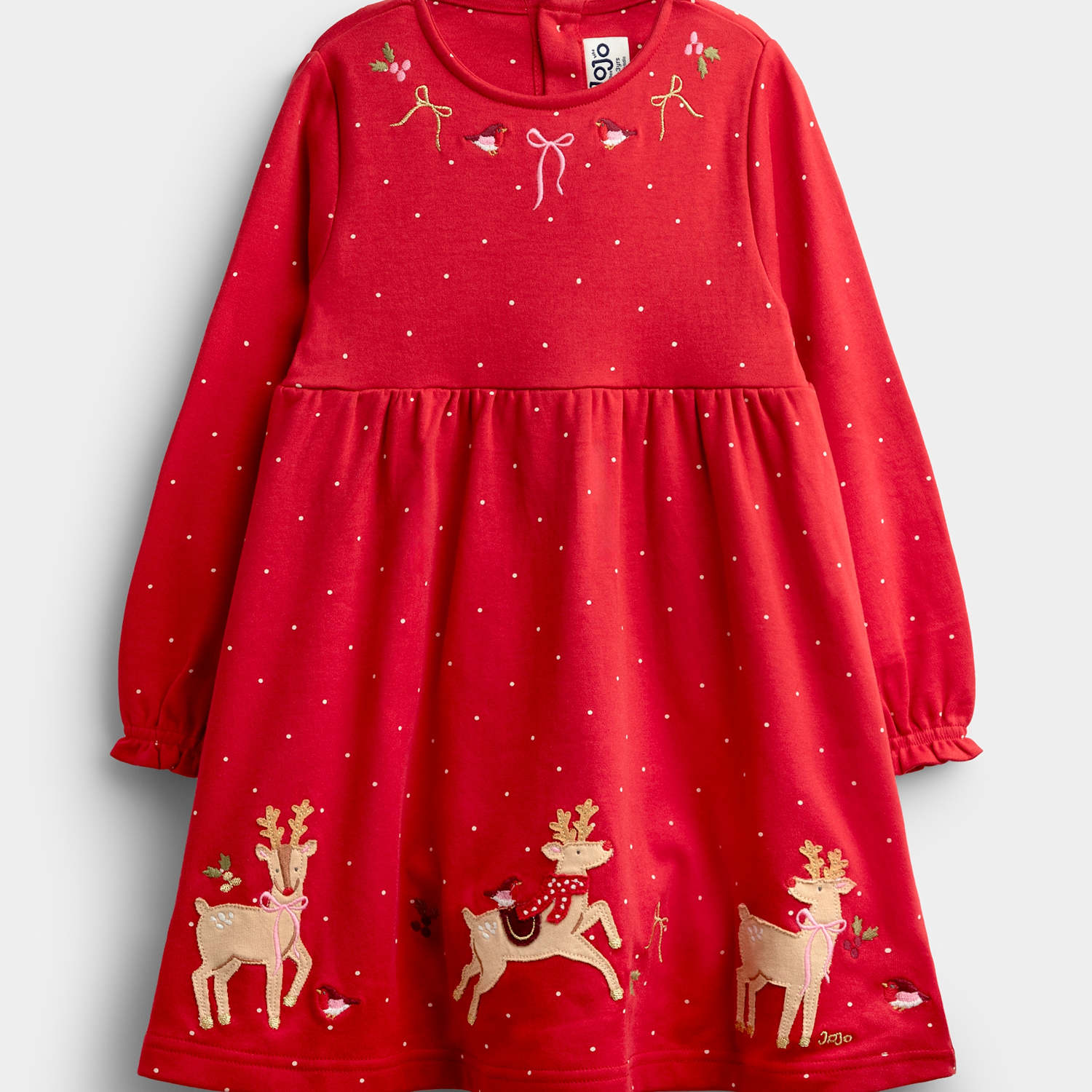 Jojo Maman Bébé Girls Cotton Jersey Reindeer Applique Dress - 2-3 Years - Red Mix - Available at M&S