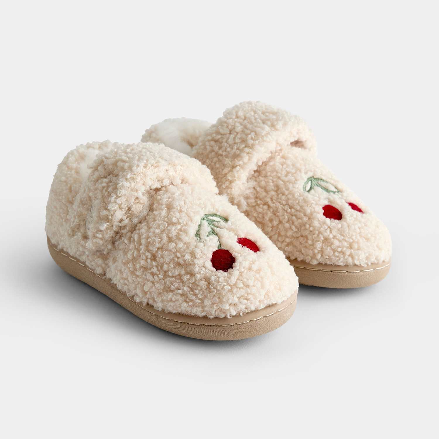 Jojo Maman Bébé Girls Cherry Borg Lined Slippers - 8 - Natural - Available at M&S