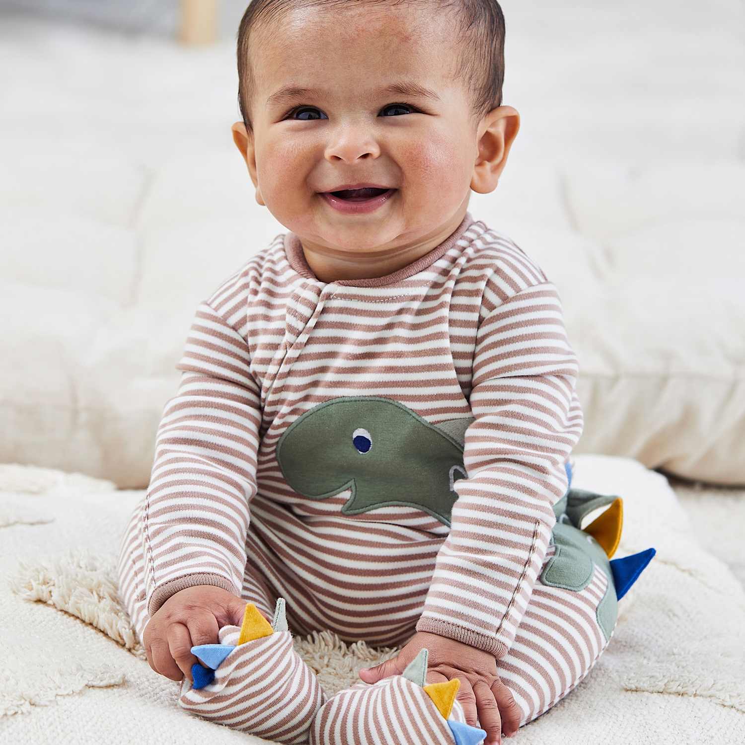 Jojo Maman Bébé Kids Pure Cotton Striped Dino Zip Sleepsuit (0-12 Mths) - 3-6 Months - Brown Mix - Available at M&S