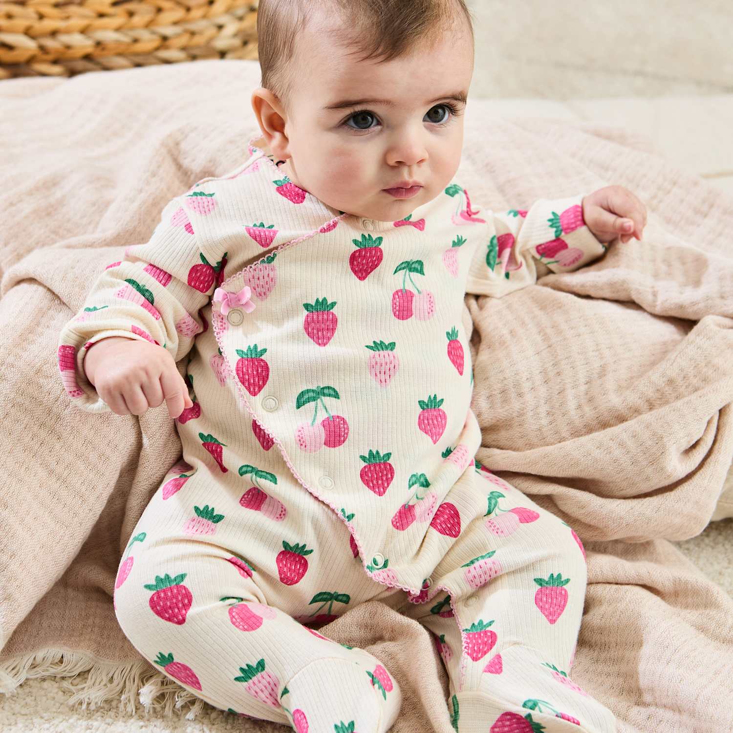 Jojo Maman Bébé Girls Pure Cotton Ribbed Fruit Sleepsuit (0-12 Mths) - 0-3 Months - Cream Mix - Available at M&S