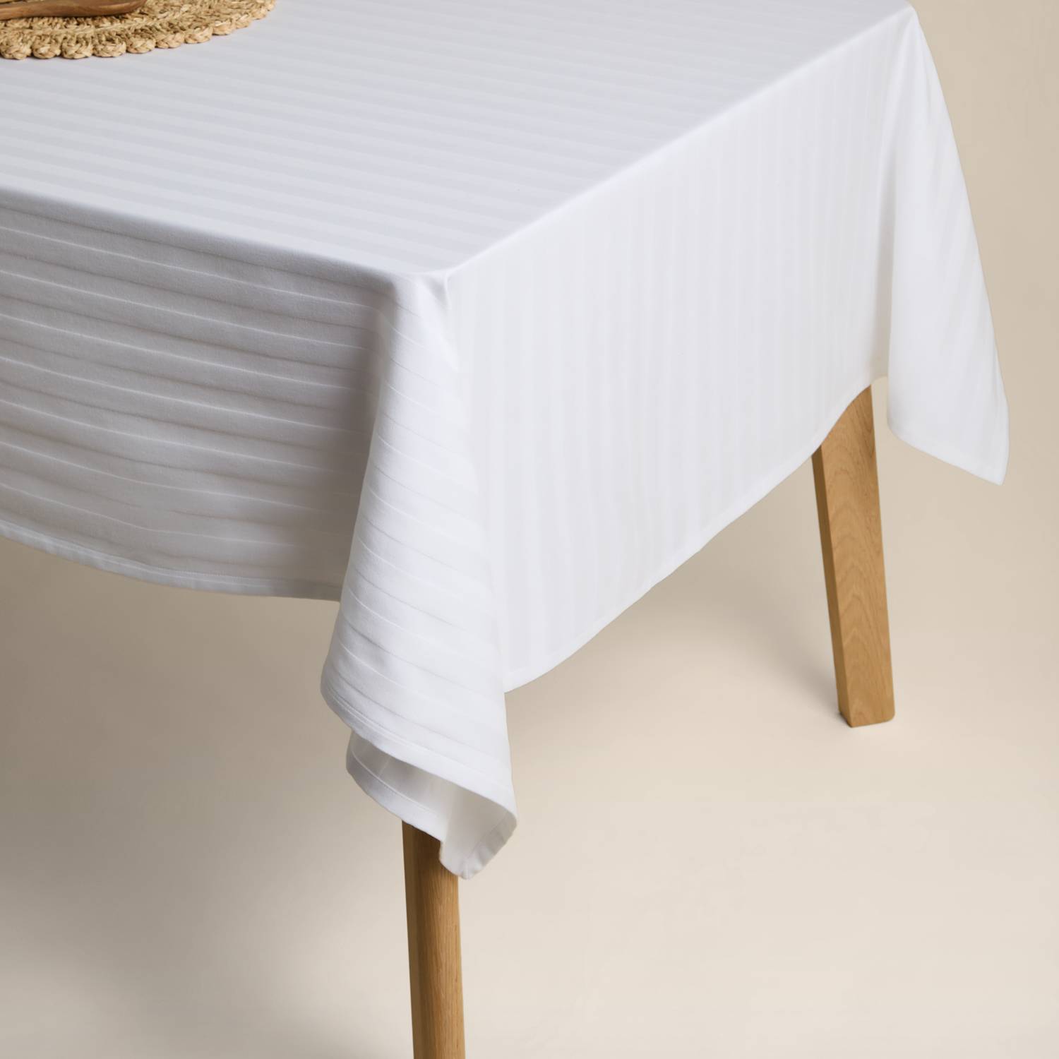M&S Pure Cotton Sateen Striped Tablecloth - Medium - White