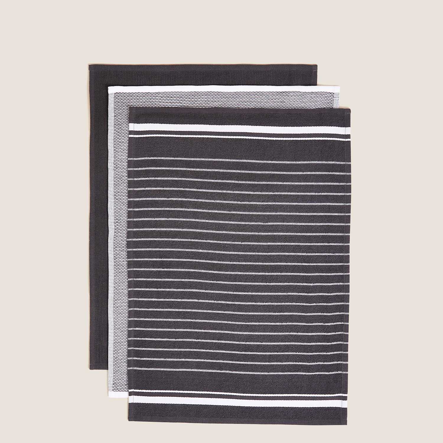 M&S Set of 3 Cotton Rich Tea Towels - Dark Grey