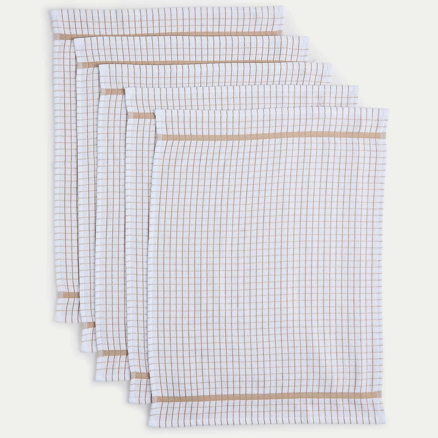M&S Set of 5 Checked Terry Tea Towels - Neutral