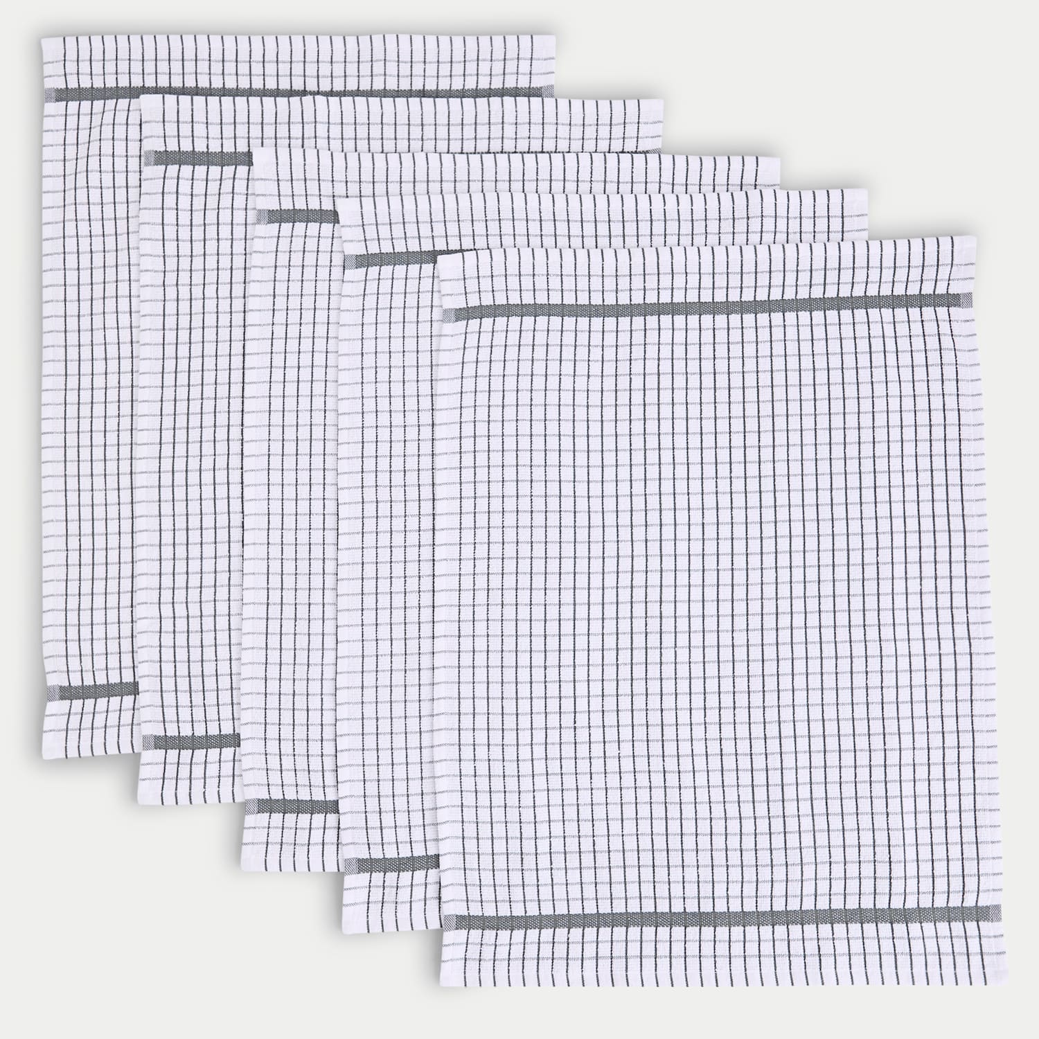 M&S Set of 5 Checked Terry Tea Towels - Light Grey