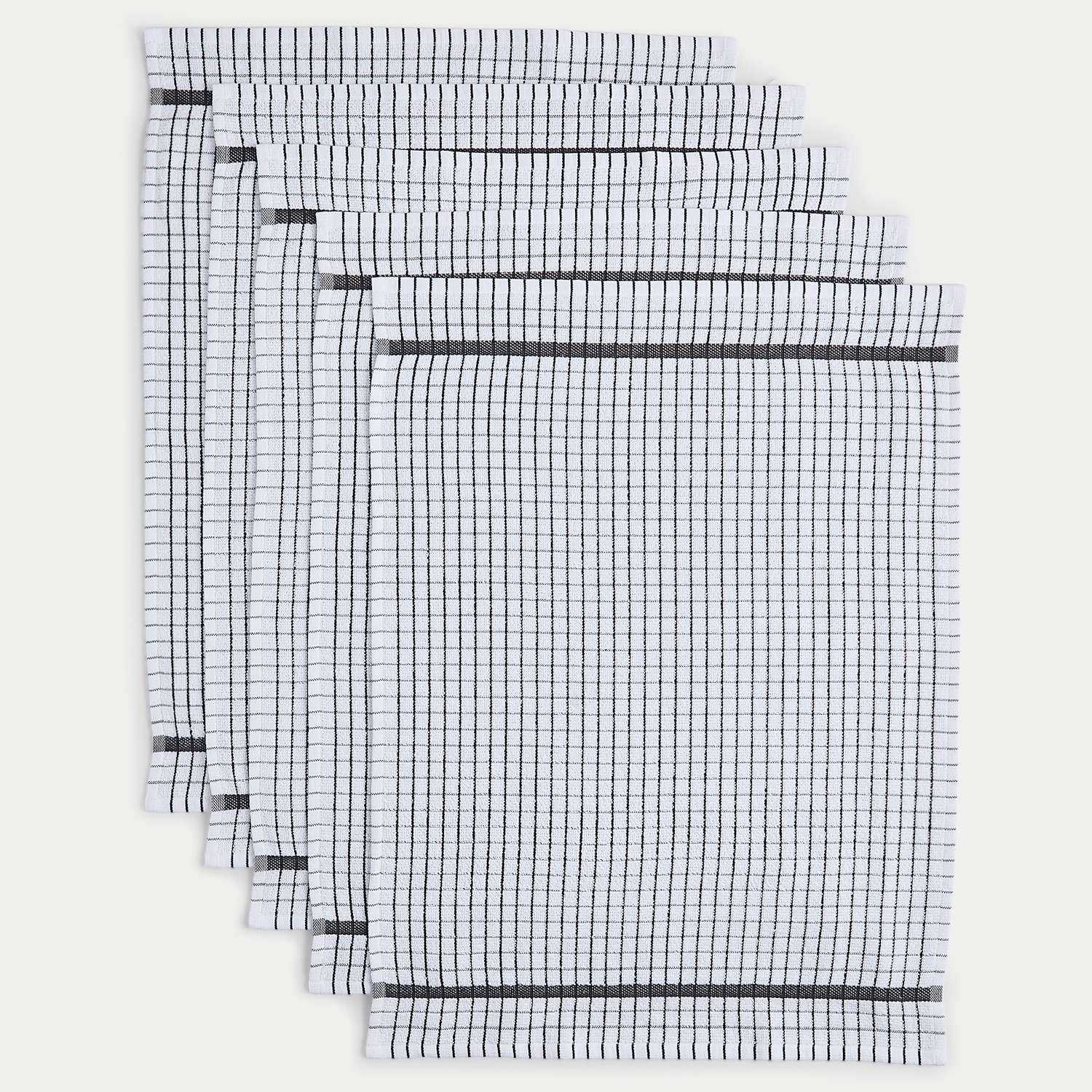 M&S Set of 5 Checked Terry Tea Towels - Dark Grey