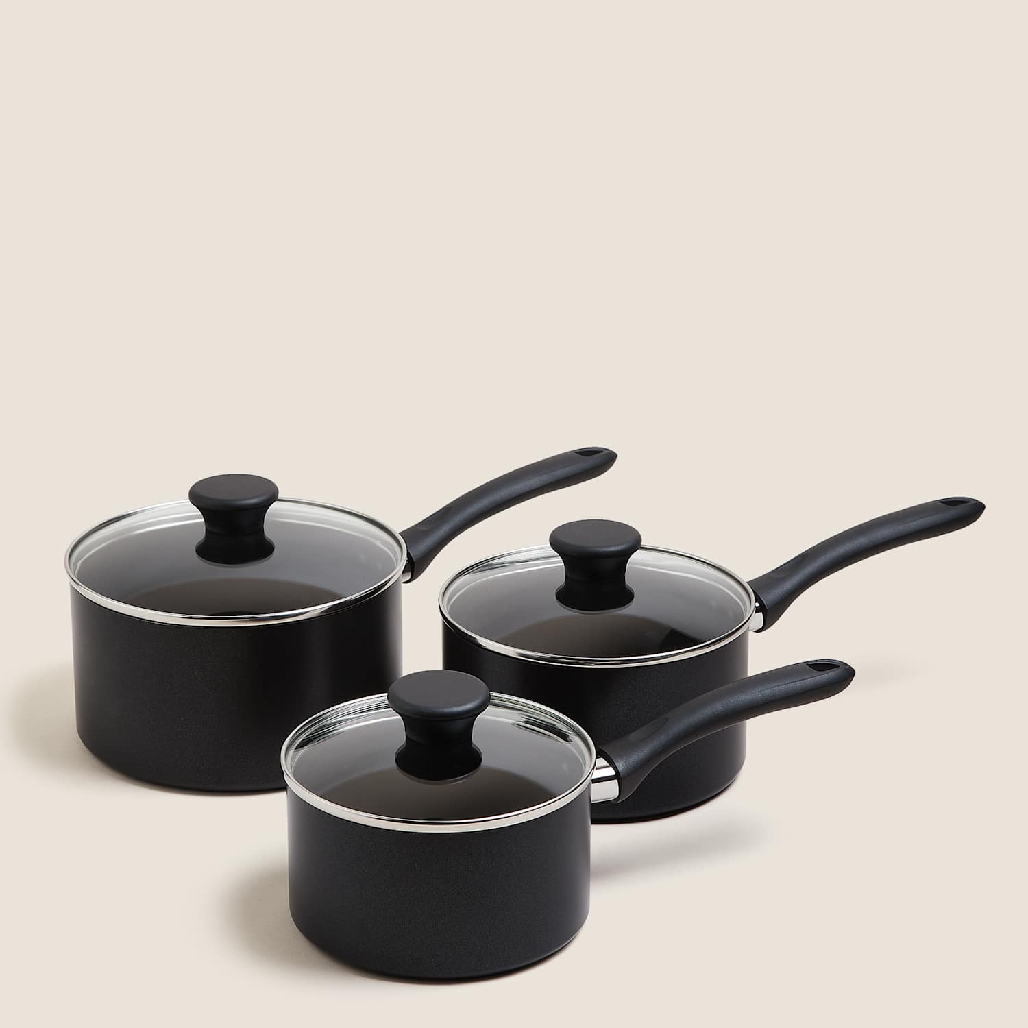 M&S 3 Piece Black Aluminium Non Stick Pan Set