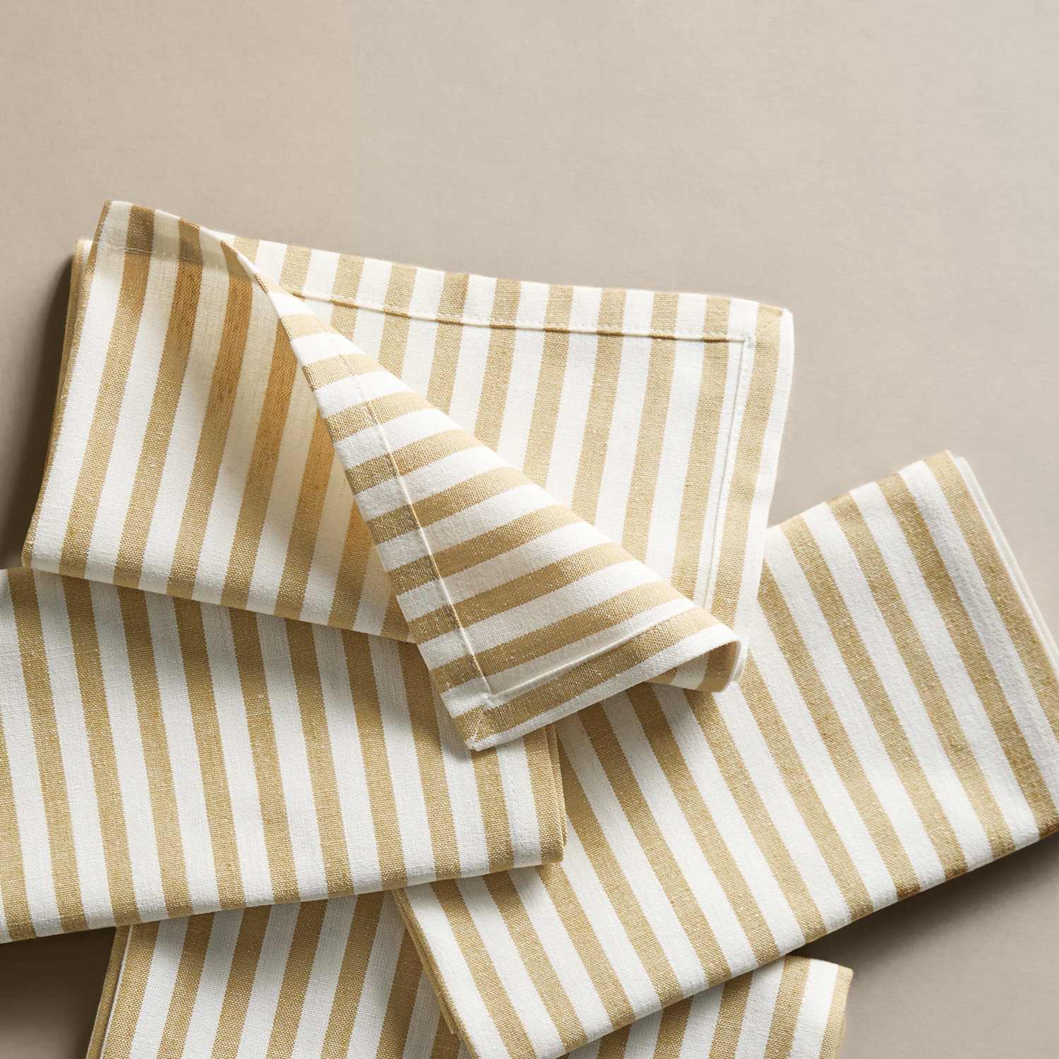 M&S Set of 4 Cotton with Linen Thin Stripe Napkins - Ochre