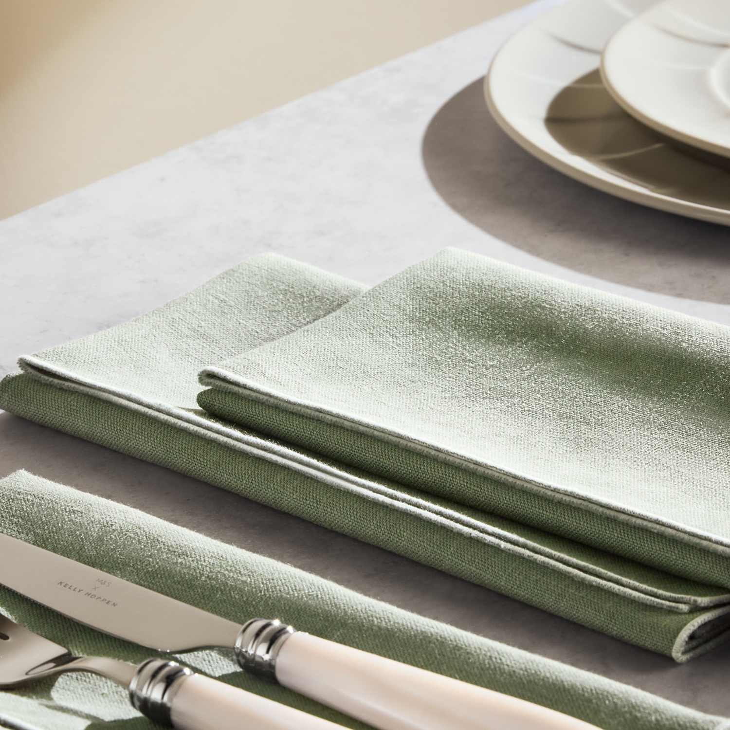 M&S X Kelly Hoppen Set of 4 Pure Linen Contrast Edge Napkins - Green Mix